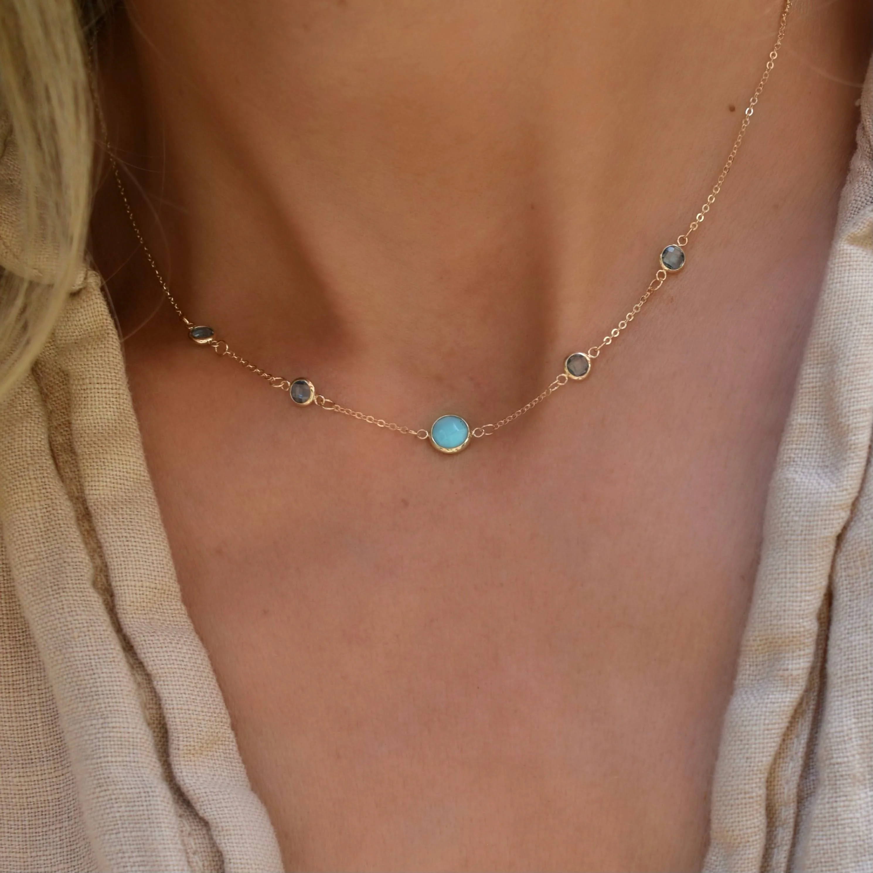 1 Grand Turquoise & 4 Petite Nantucket Blue Topaz Necklace in 14k Gold (December) - Image 3