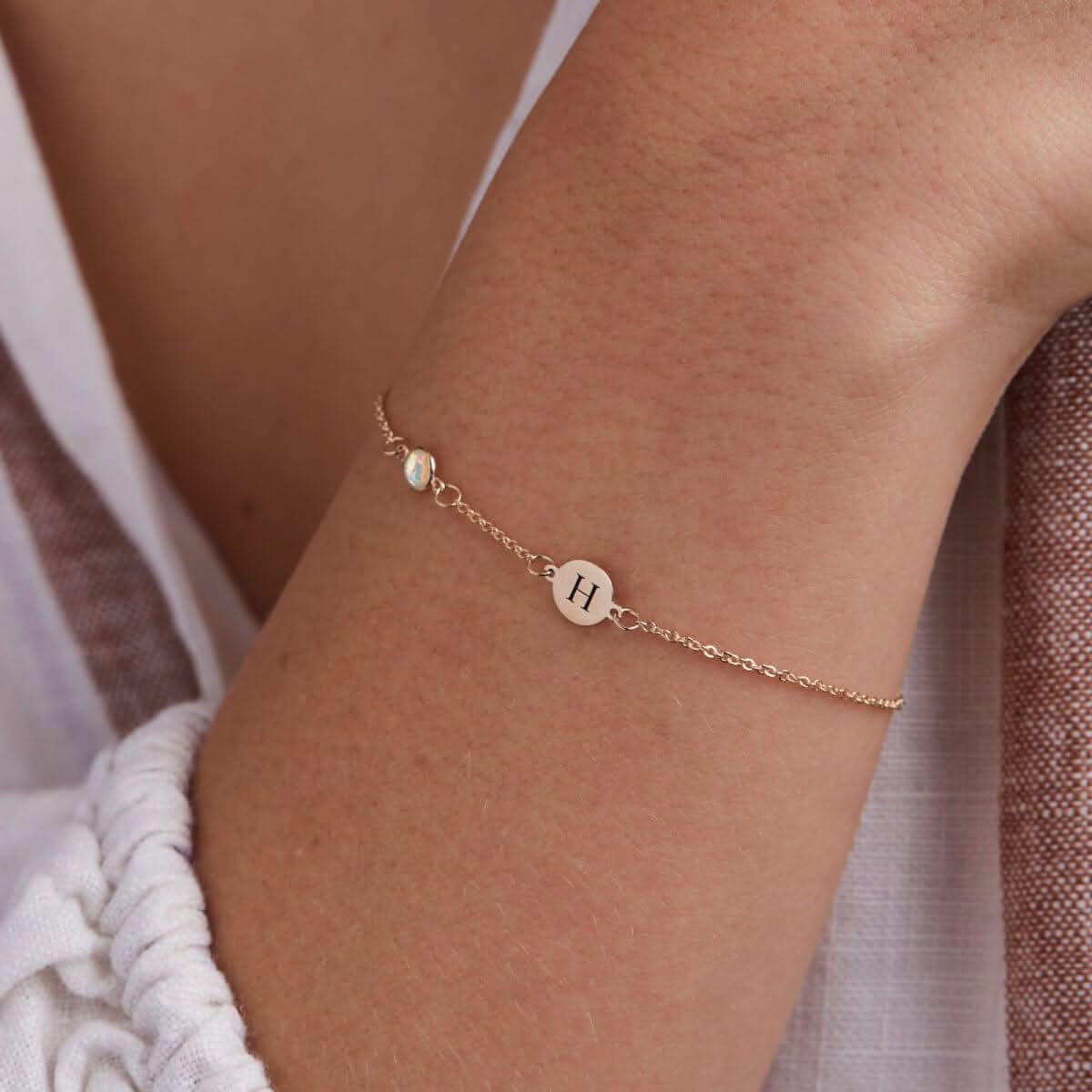 1 Letter & 1 Petite Opal Bracelet in 14k Gold  (October) - Image 3
