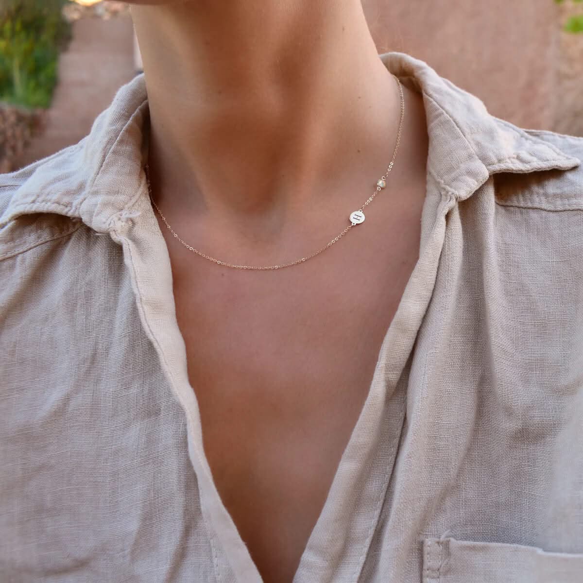 1 Letter & 1 Petite Opal Necklace in 14k Gold (October) - Image 9