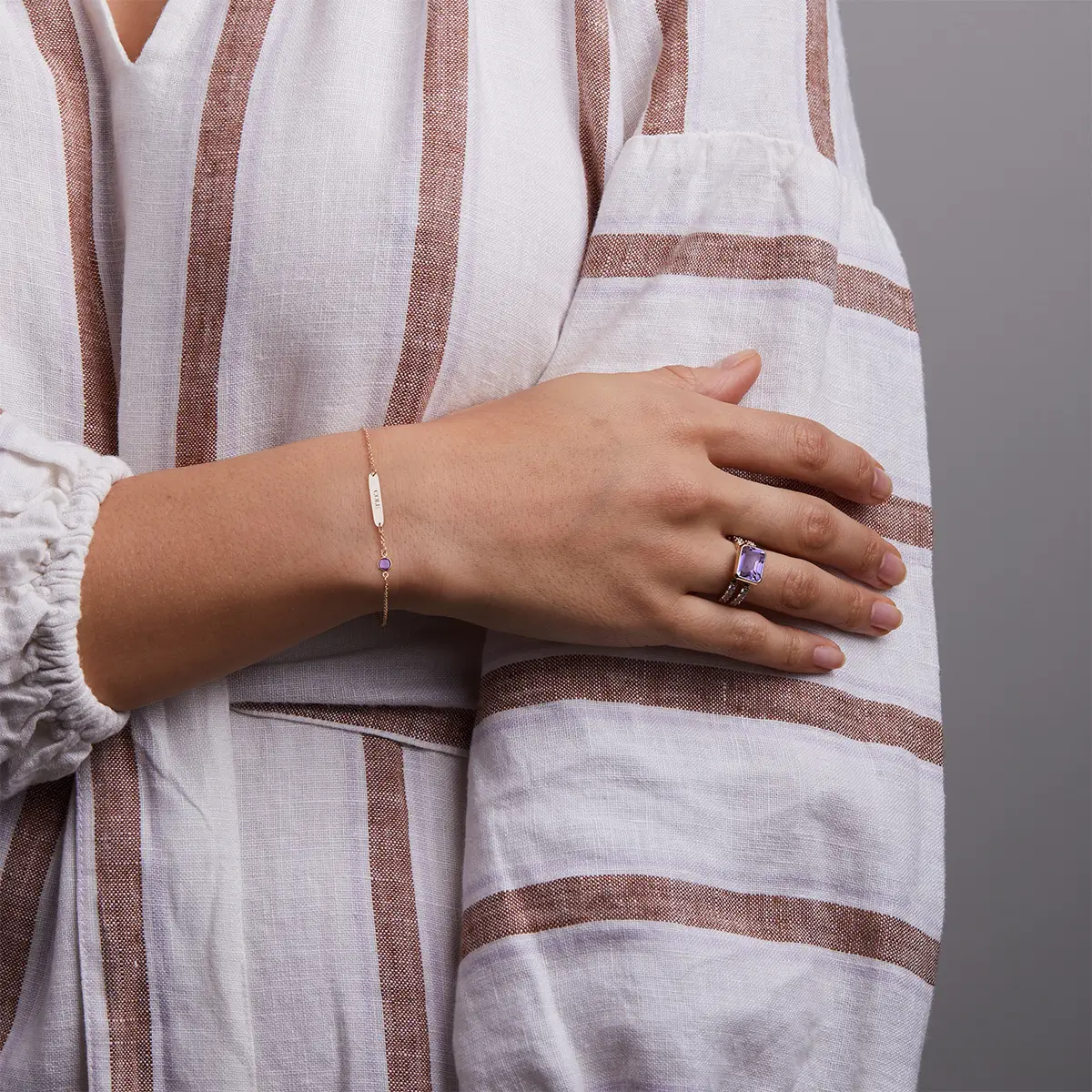 1 Nameplate & 1 Petite Amethyst Bracelet in 14k Gold (February) - Image 2