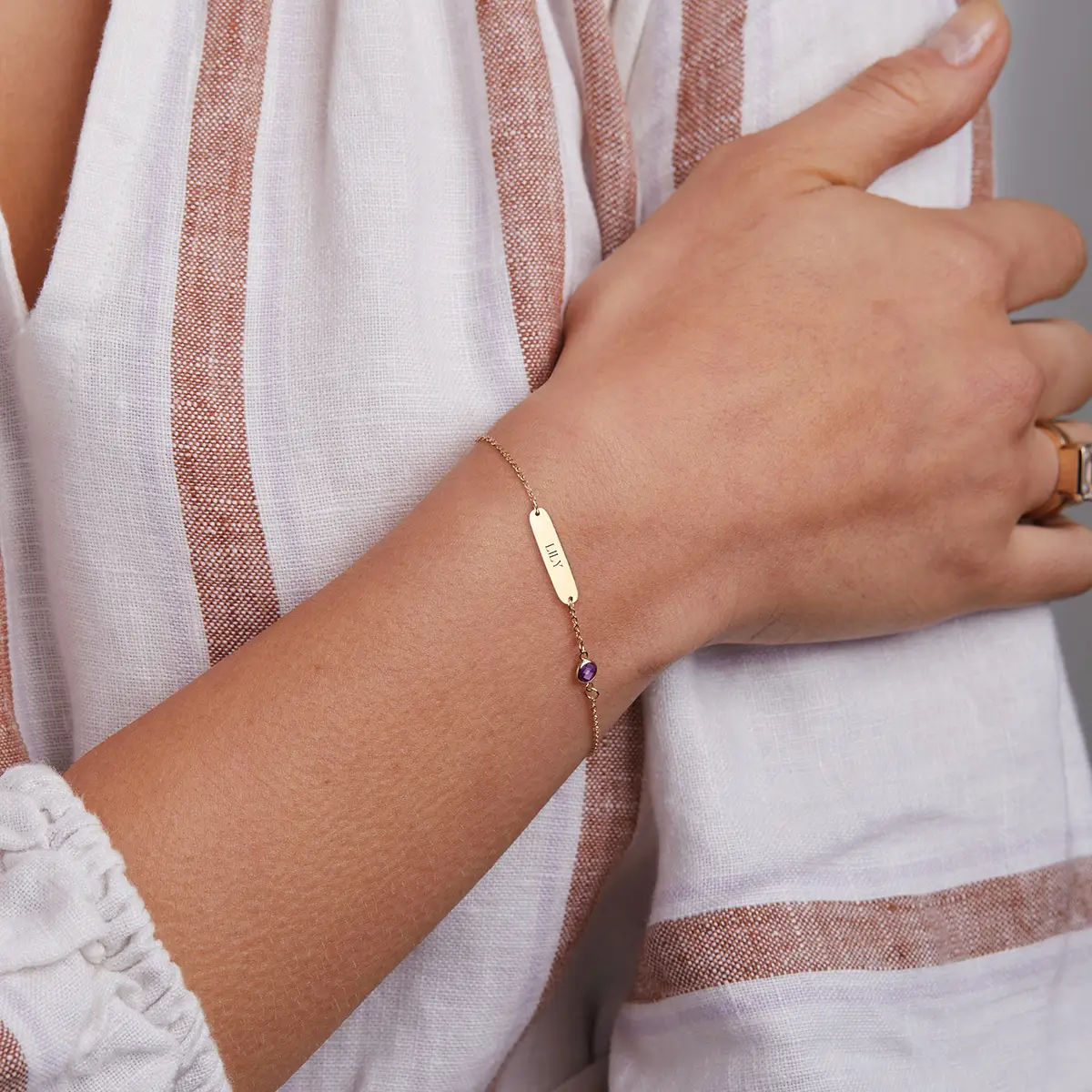 1 Nameplate & 1 Petite Amethyst Bracelet in 14k Gold (February) - Image 3