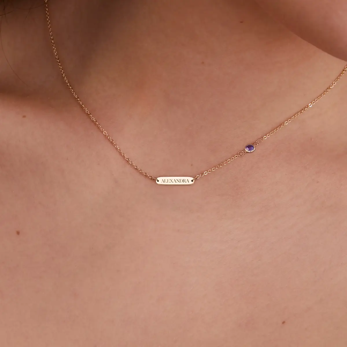 1 Nameplate & 1 Petite Amethyst Necklace in 14k Gold (February) - Image 3