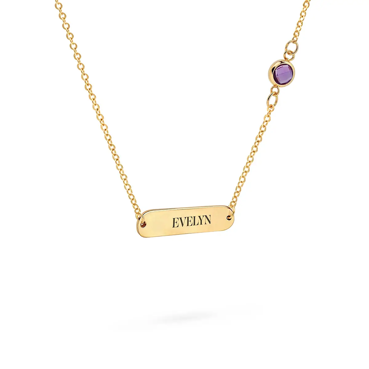 1 Nameplate & 1 Petite Amethyst Necklace in 14k Gold (February) - Image 4