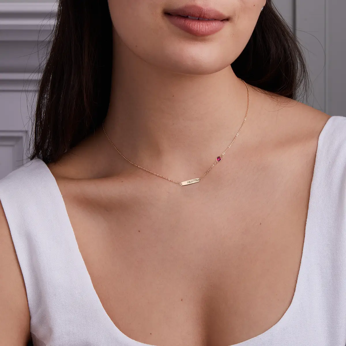 1 Nameplate & 1 Petite Ruby Necklace in 14k Gold (July) - Image 2