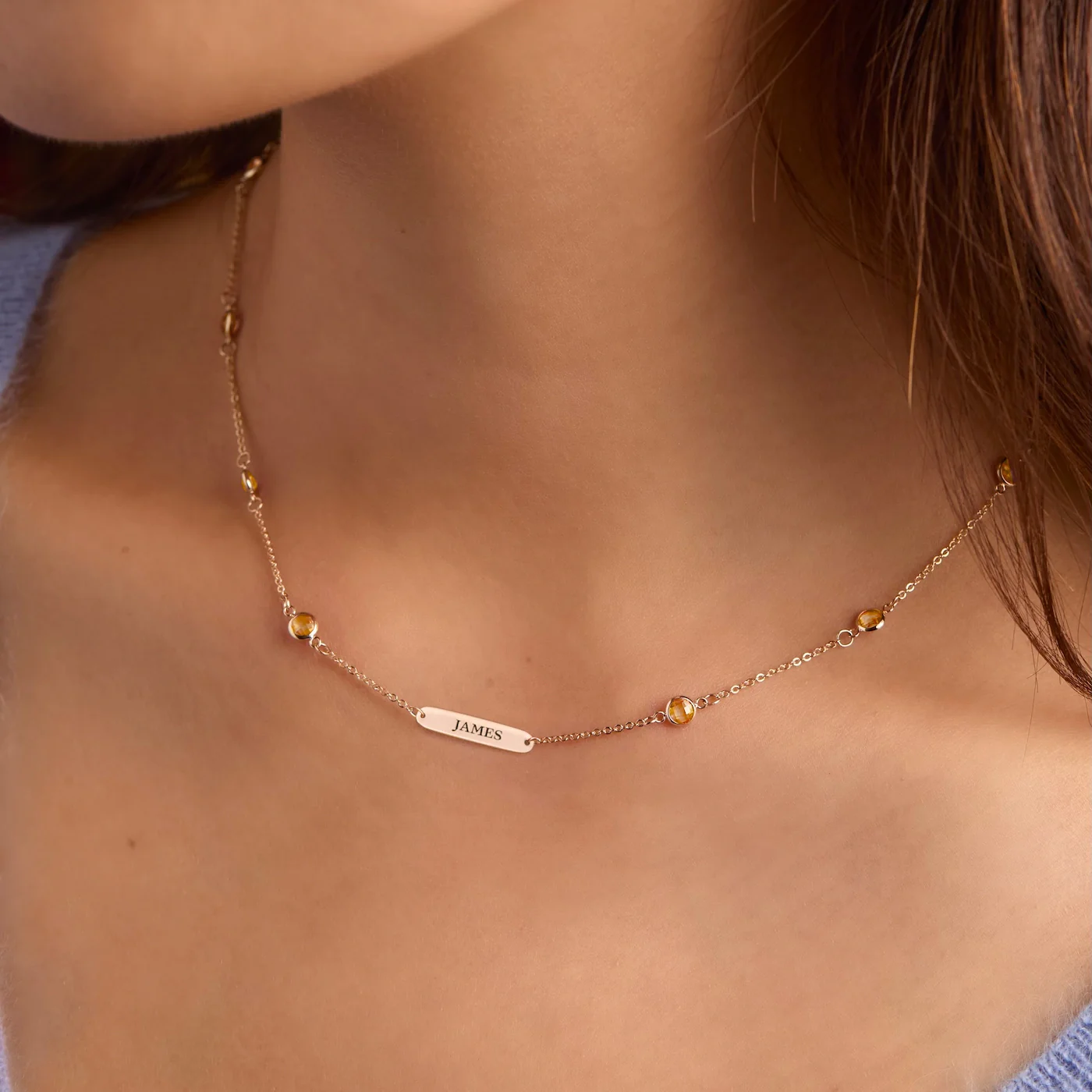 1 Nameplate & 10 Petite Citrine Necklace in 14k Gold (November) - Image 3