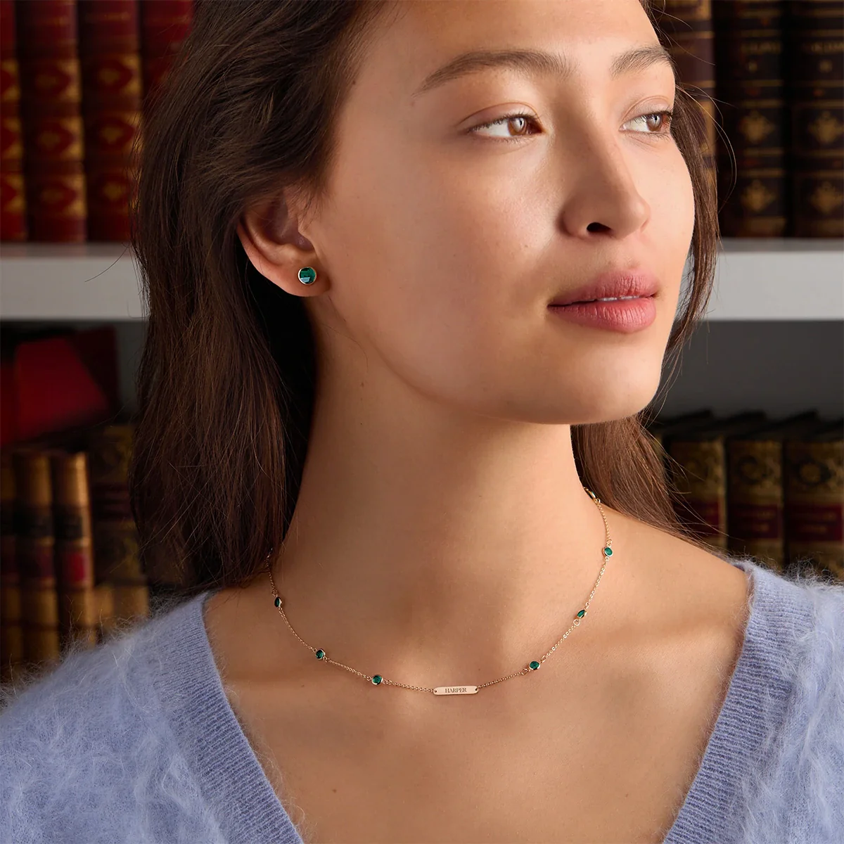1 Nameplate & 10 Petite Emerald Necklace in 14k Gold (May) - Image 2