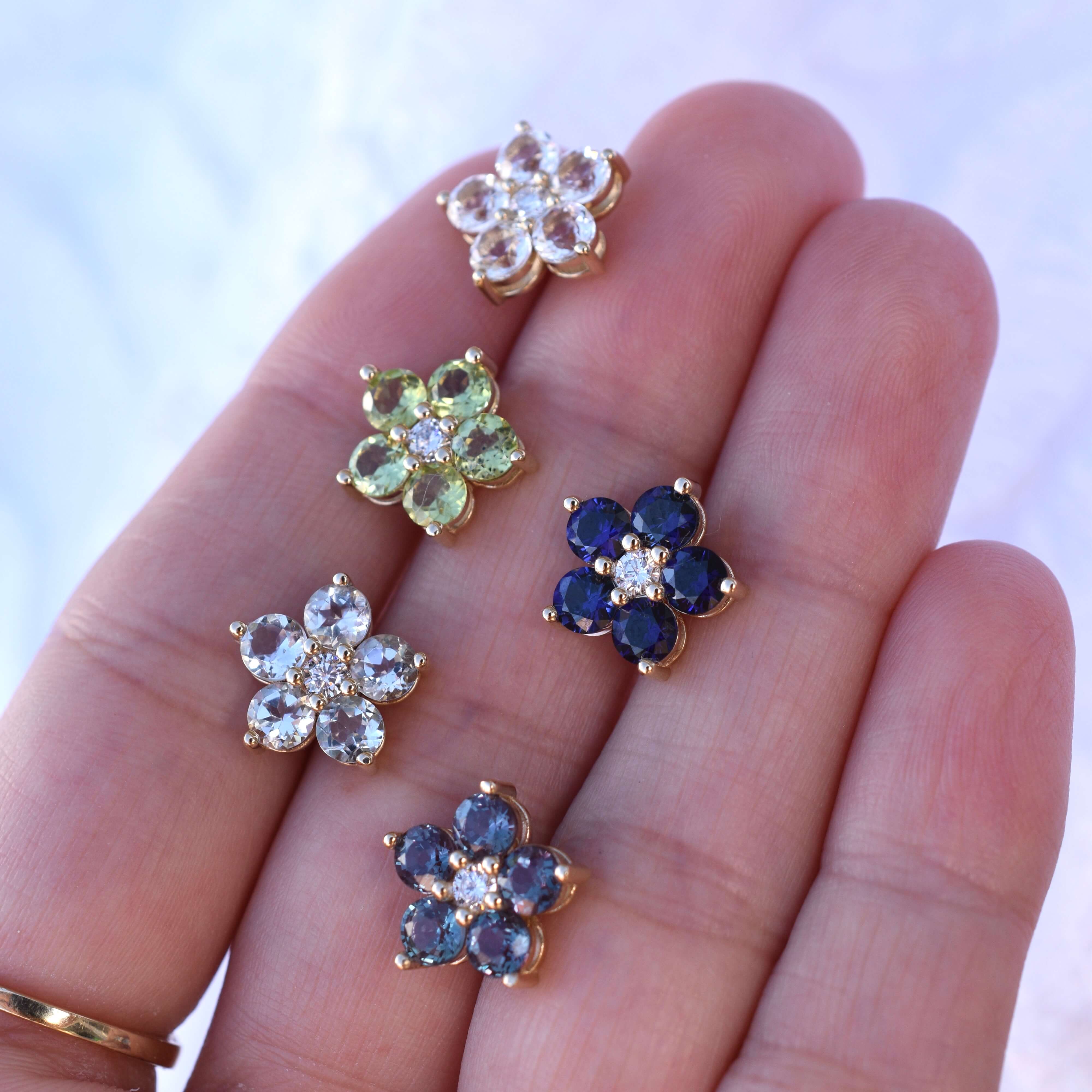 Greenwich Flower Aquamarine & Diamond Earrings in 14k Gold (March) - Image 9