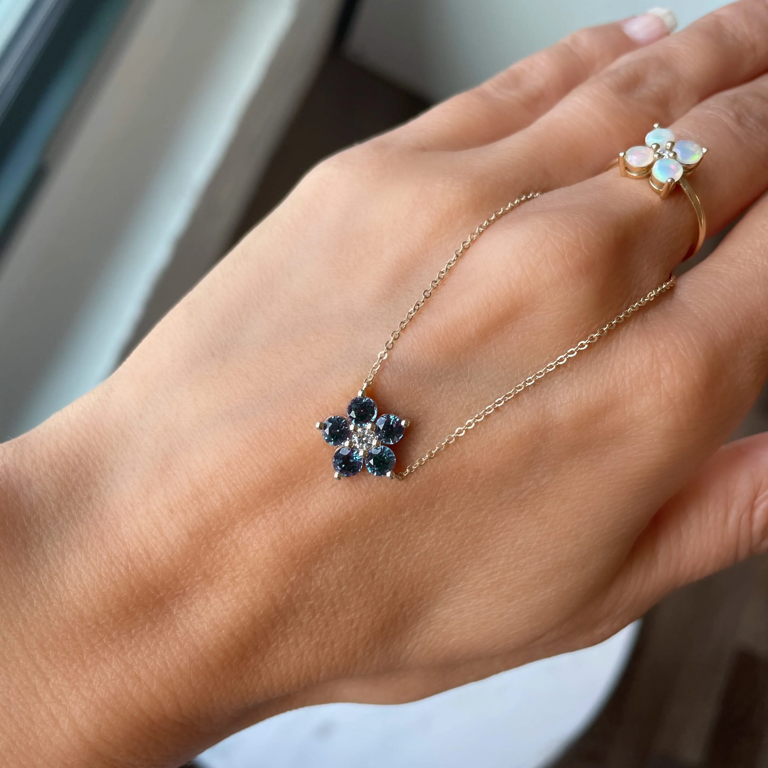 Greenwich Flower Alexandrite & Diamond Necklace in 14k Gold (June) - Image 10