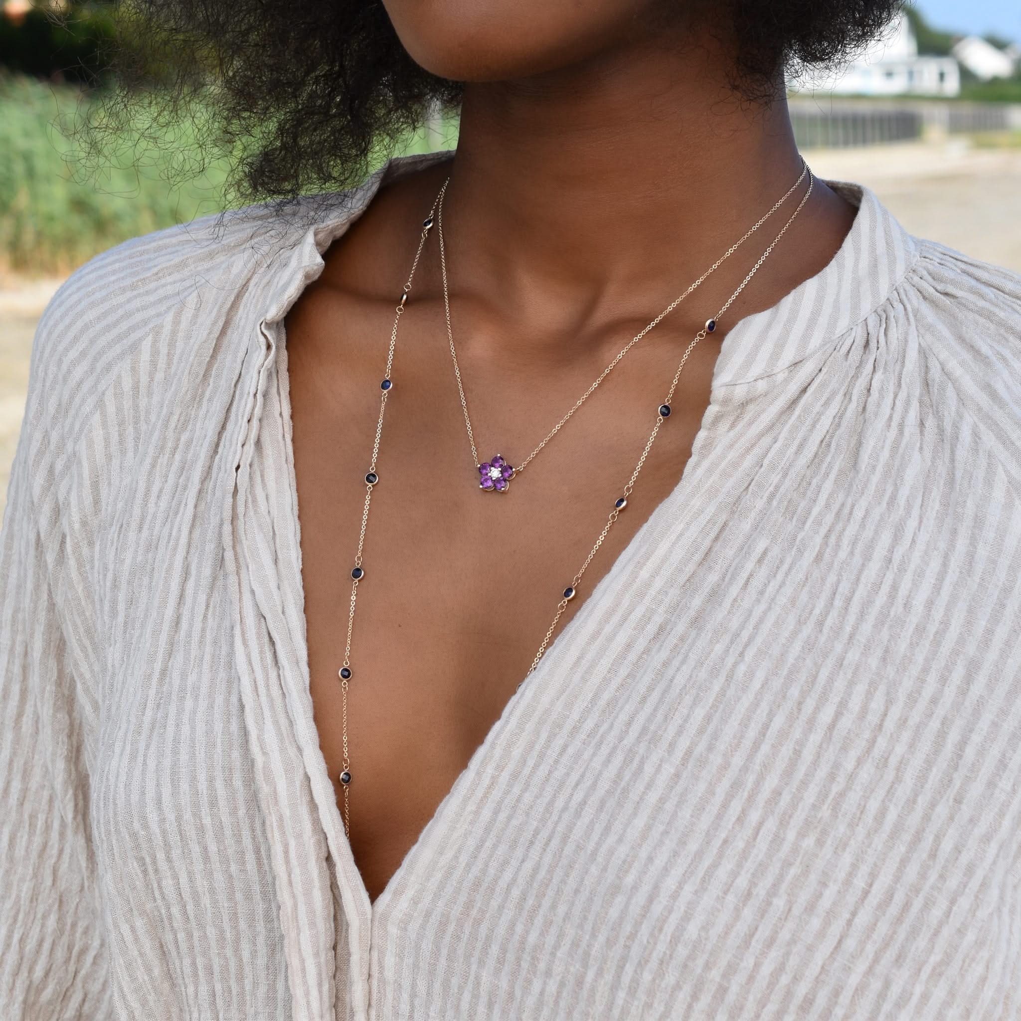 Greenwich Flower Amethyst & Diamond Necklace in 14k Gold (February) - Image 10