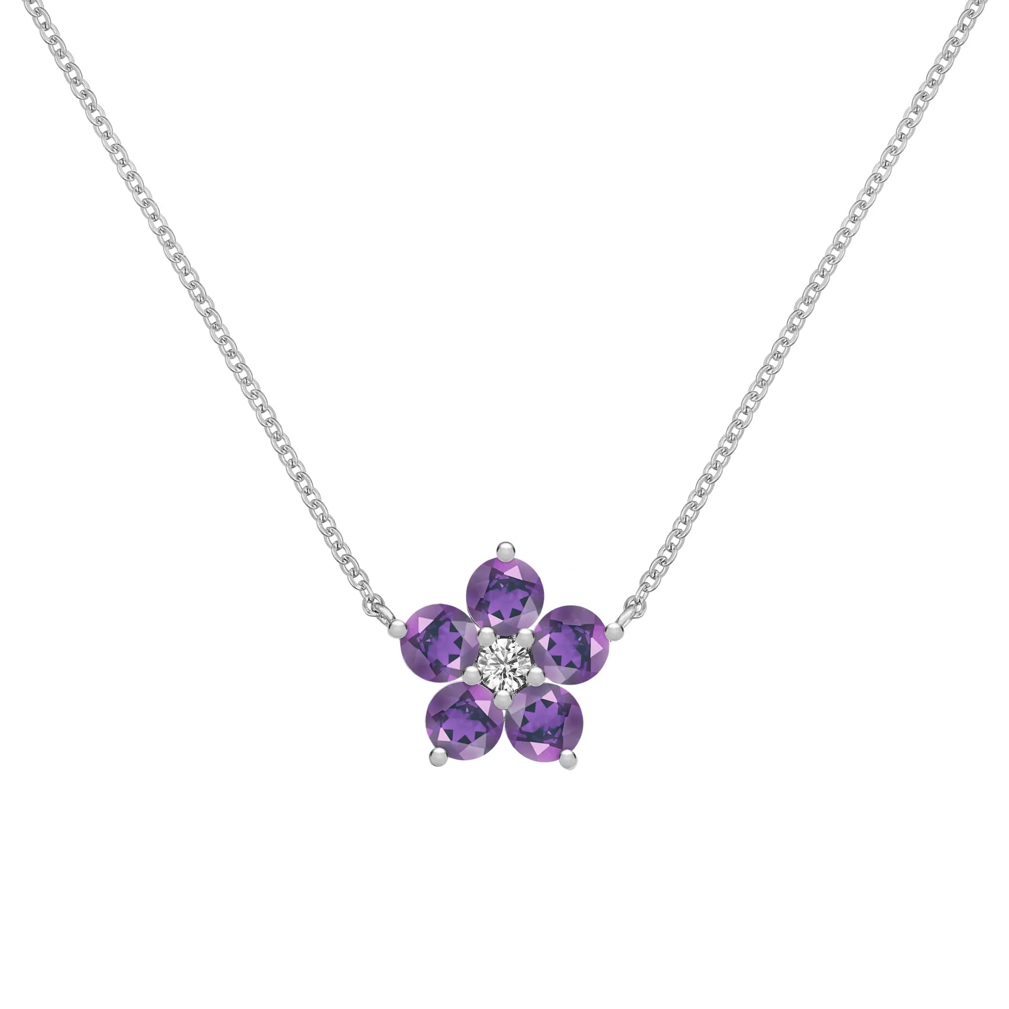 Greenwich Flower Amethyst & Diamond Necklace in 14k Gold (February) - Image 8
