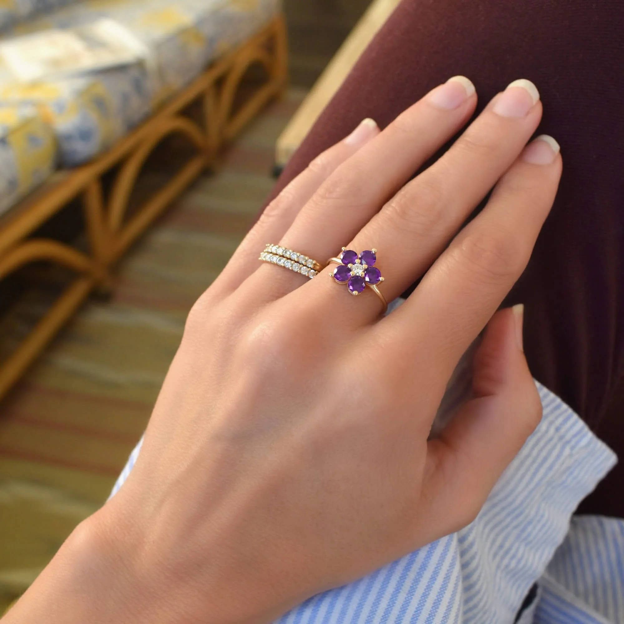 Greenwich Flower Amethyst & Diamond Ring in 14k Gold (February) - Image 6
