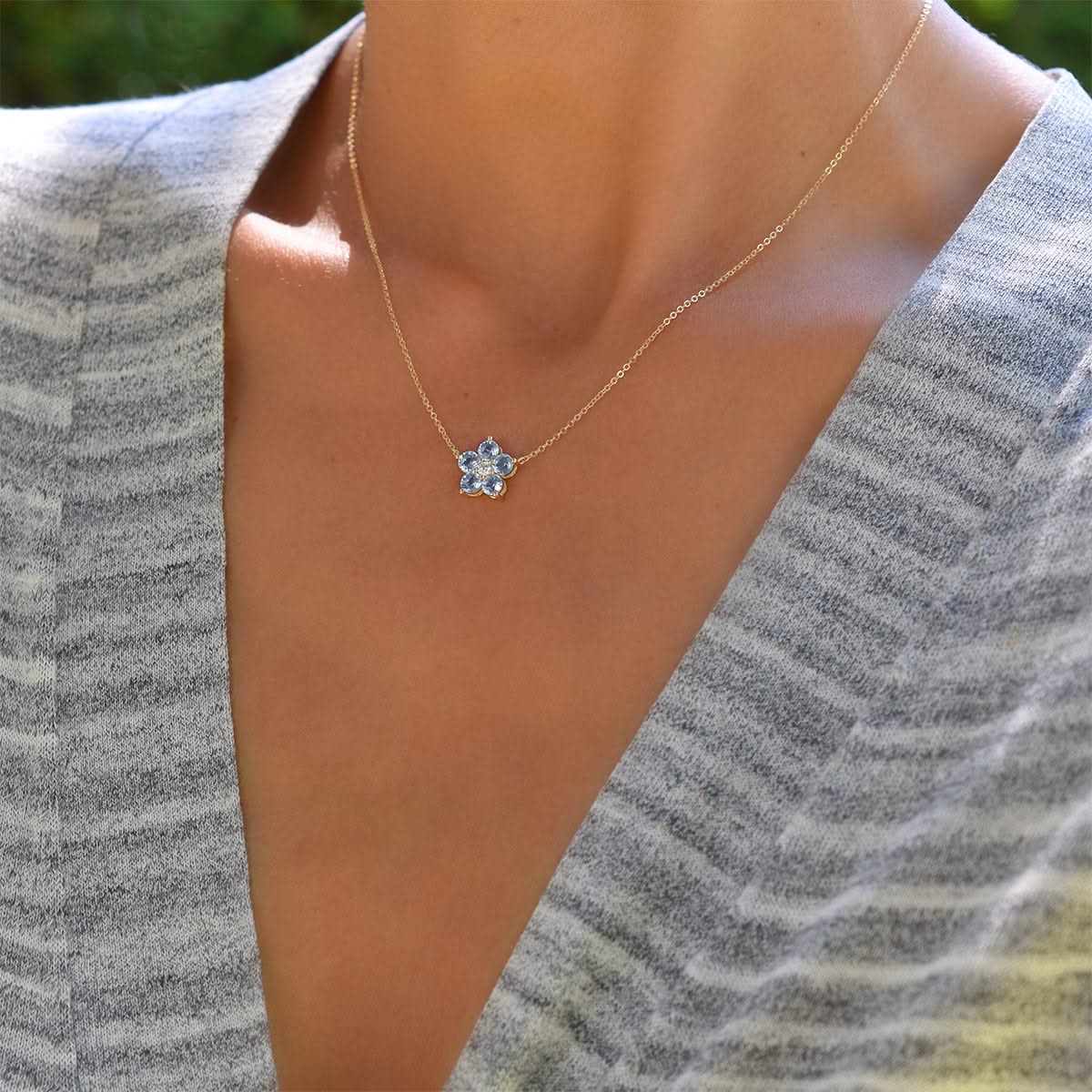 Greenwich Flower Aquamarine & Diamond Necklace in 14k Gold (March) - Image 11