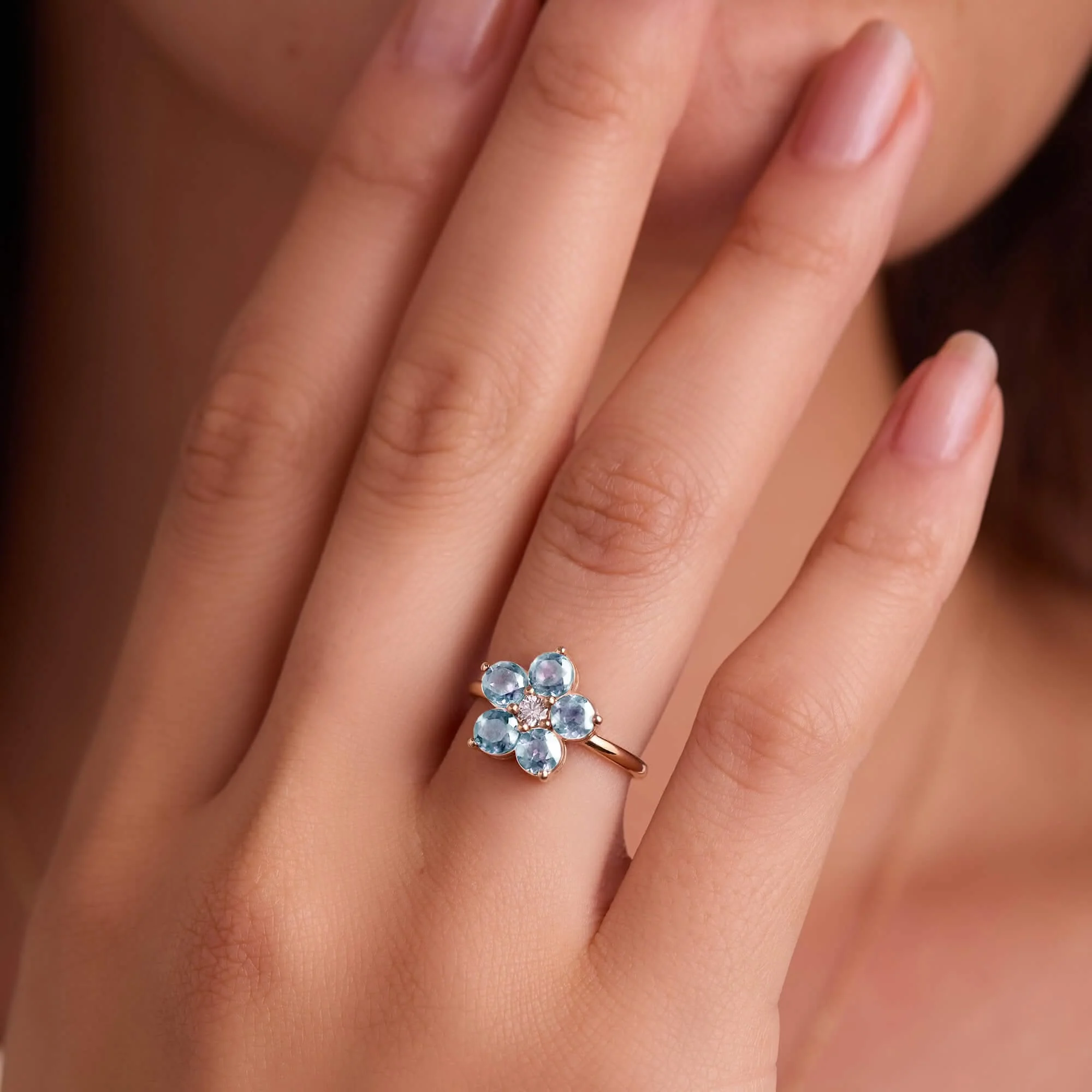 Greenwich Flower Aquamarine & Diamond Ring in 14k Gold (March) - Image 3