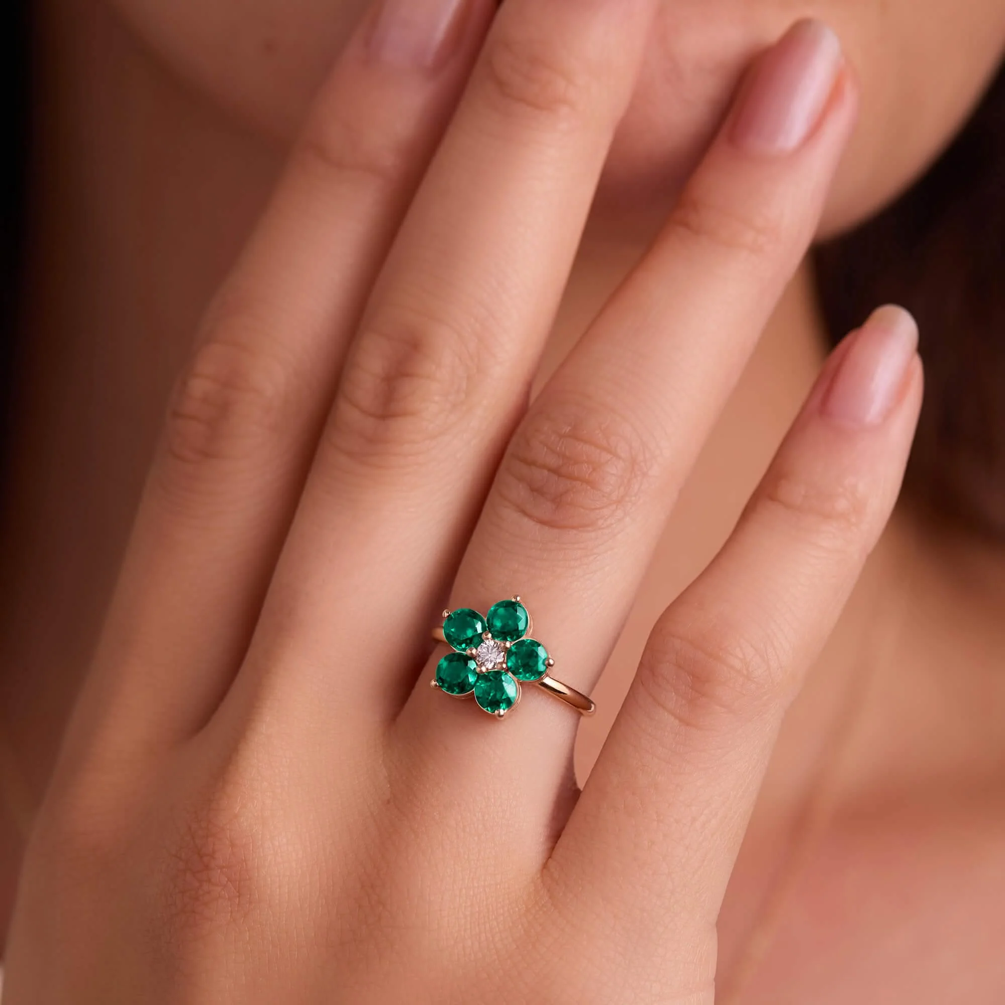 Greenwich Flower Emerald & Diamond Ring in 14k Gold (May) - Image 3