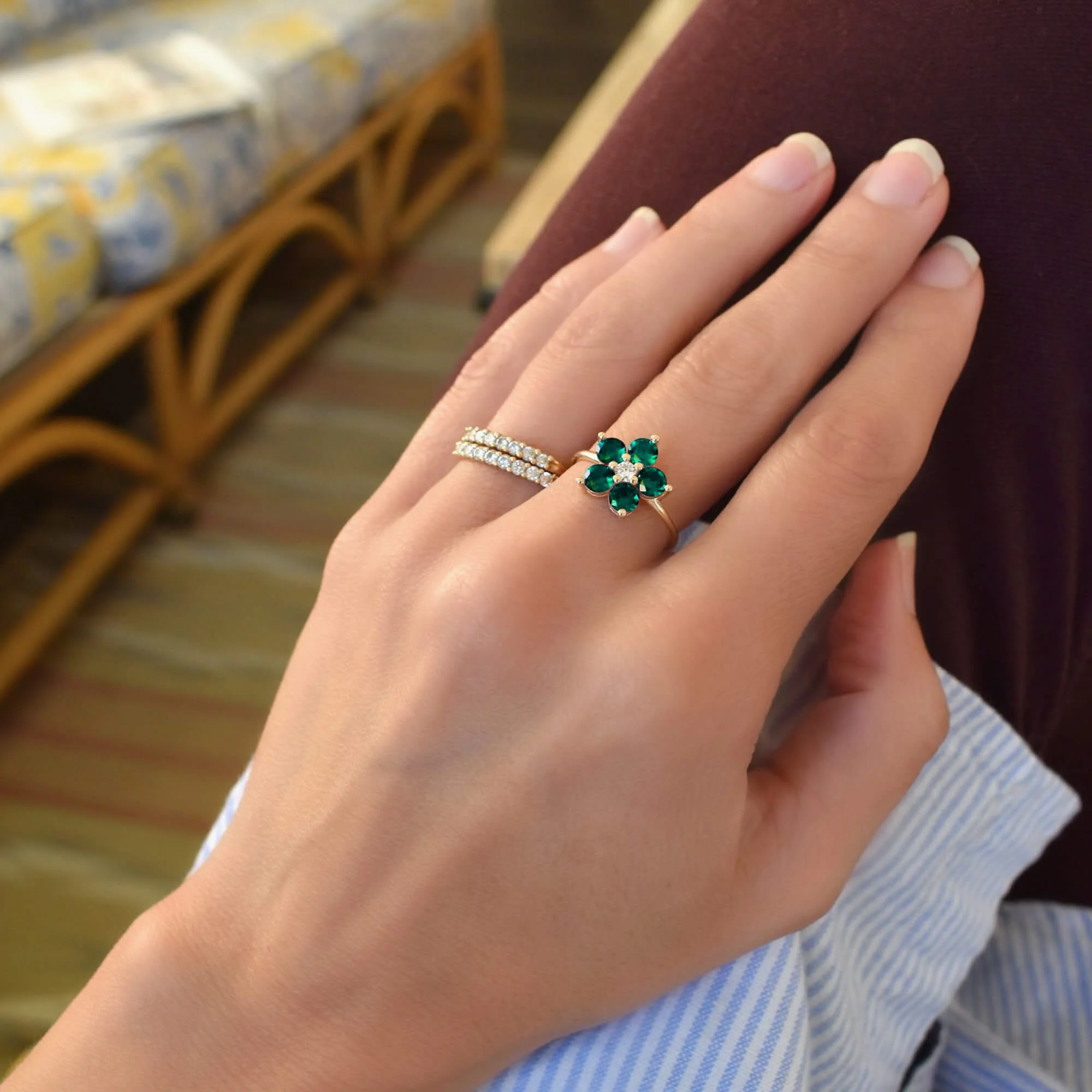 Greenwich Flower Emerald & Diamond Ring in 14k Gold (May) - Image 6