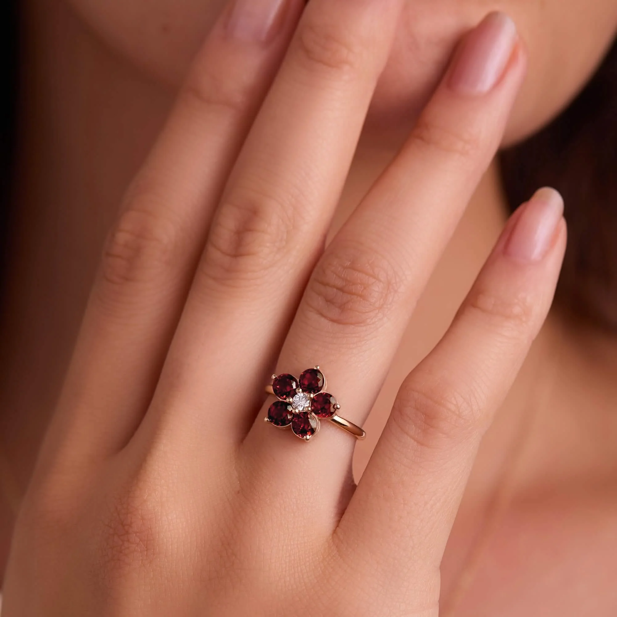 Greenwich Flower Garnet & Diamond Ring in 14k Gold (January) - Image 3