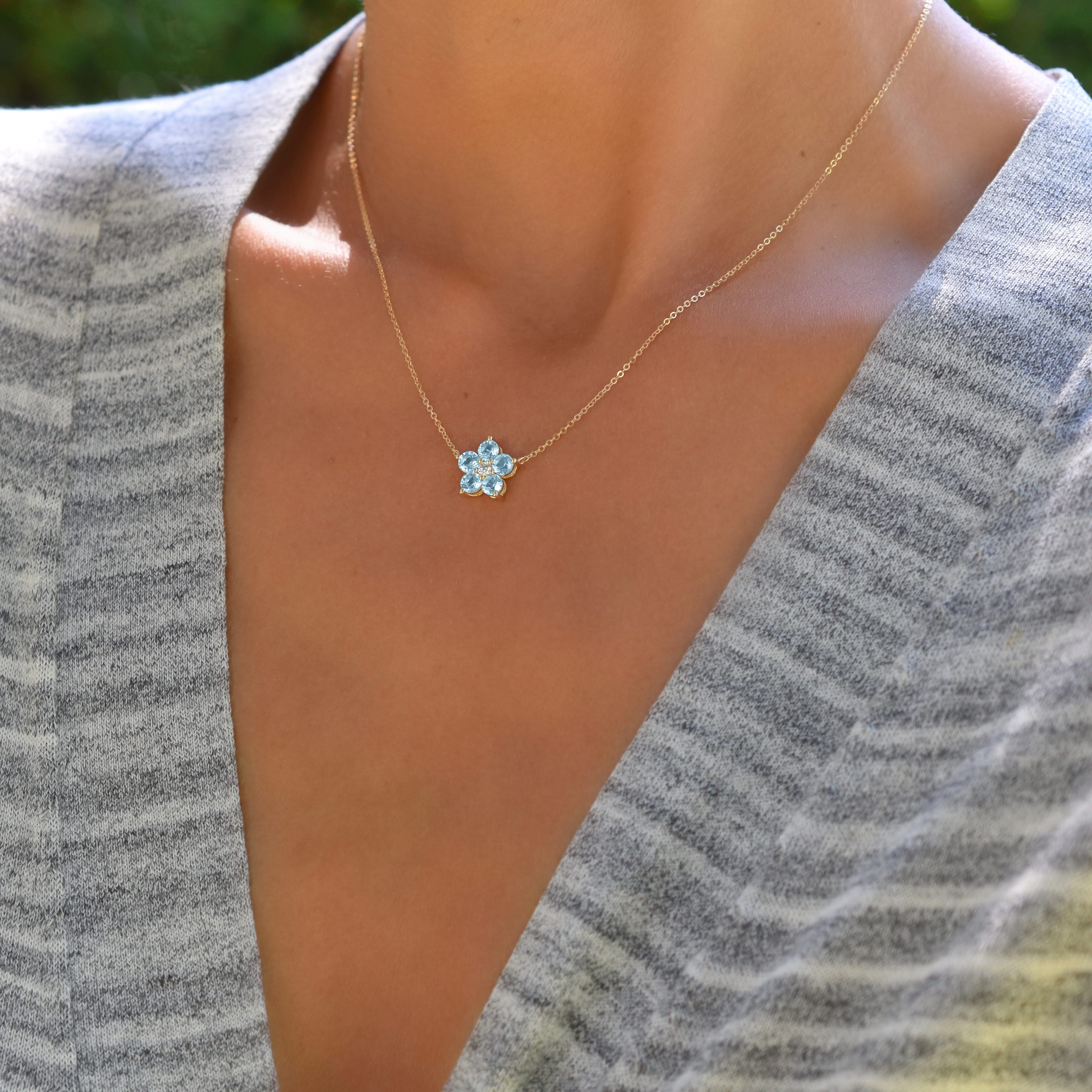 Greenwich Flower Nantucket Blue Topaz & Diamond Necklace in 14k Gold (December) - Image 9