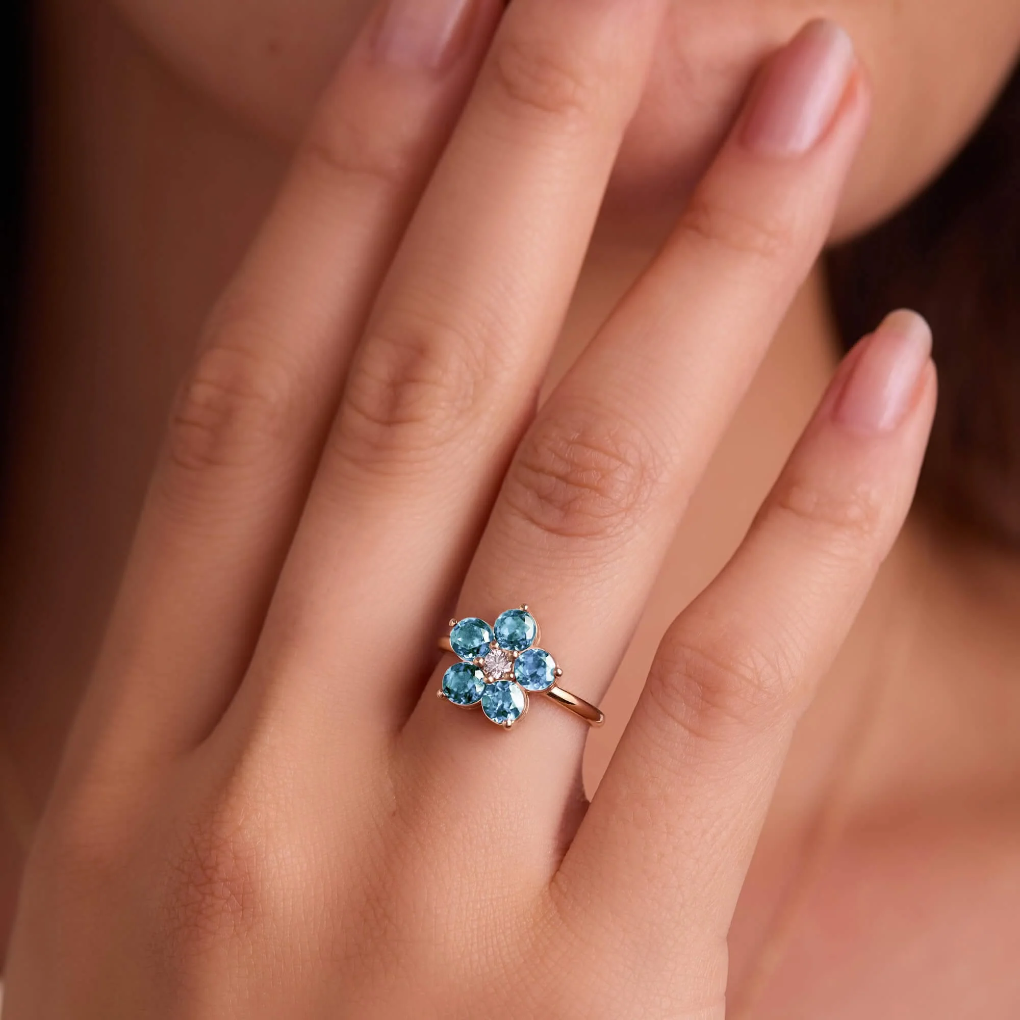 Greenwich Flower Nantucket Blue Topaz & Diamond Ring in 14k Gold (December) - Image 3