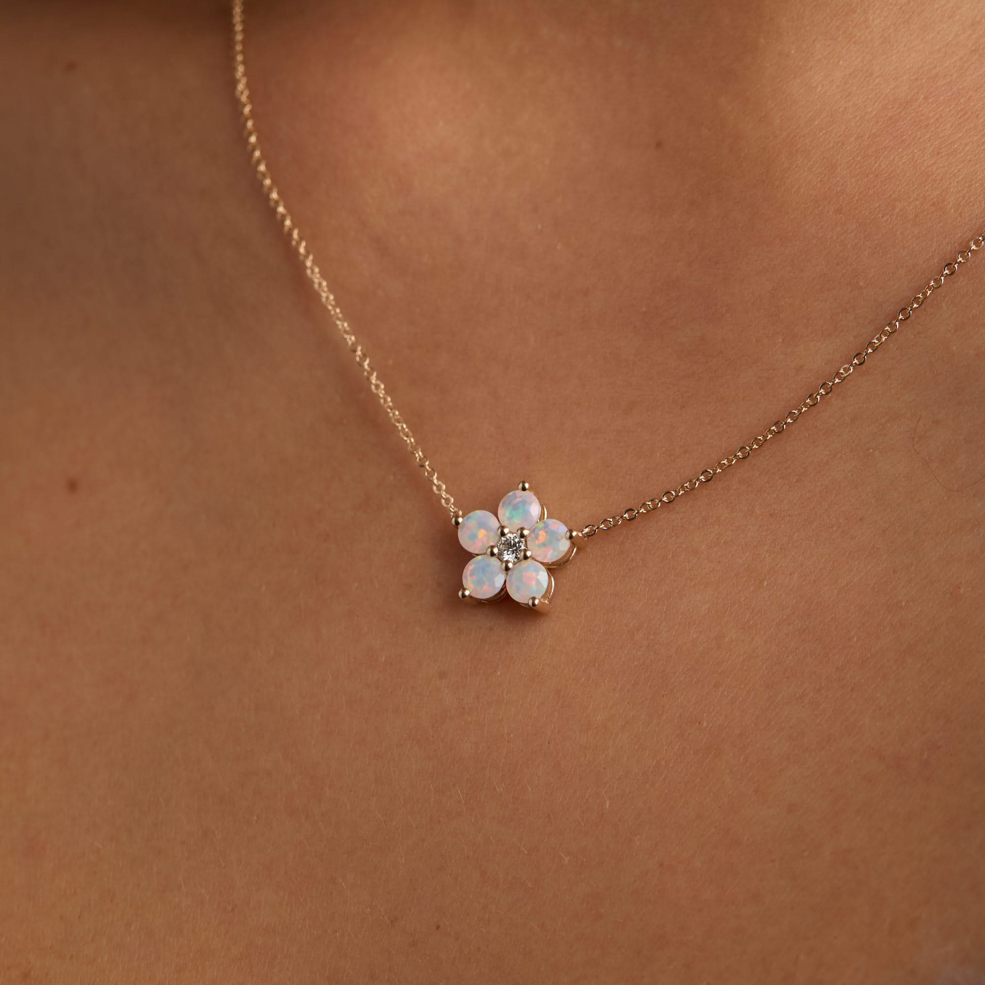 Greenwich Flower Opal & Diamond Necklace in 14k Gold (October) - Image 10