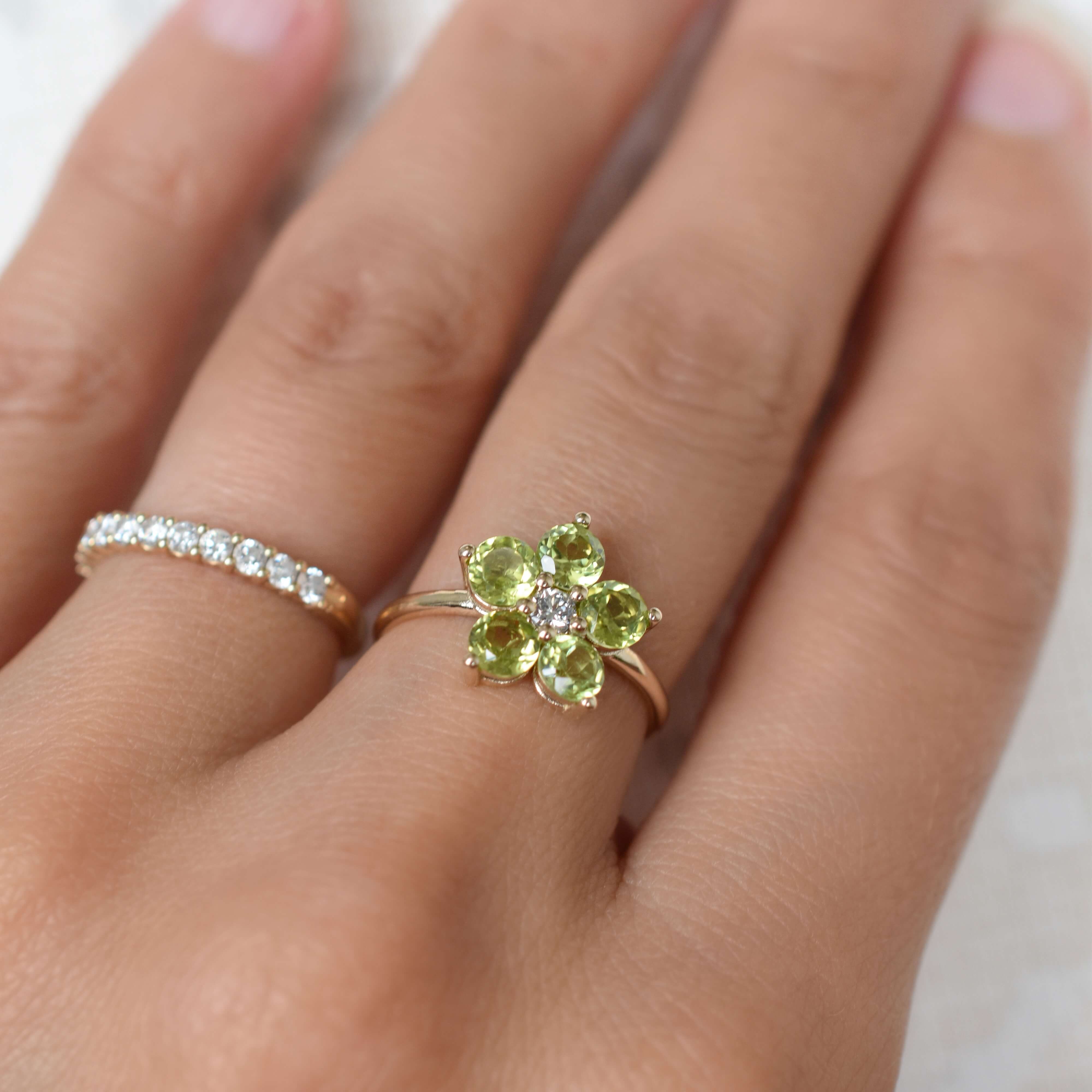 Greenwich Flower Peridot & Diamond Ring in 14k Gold (August) - Image 7