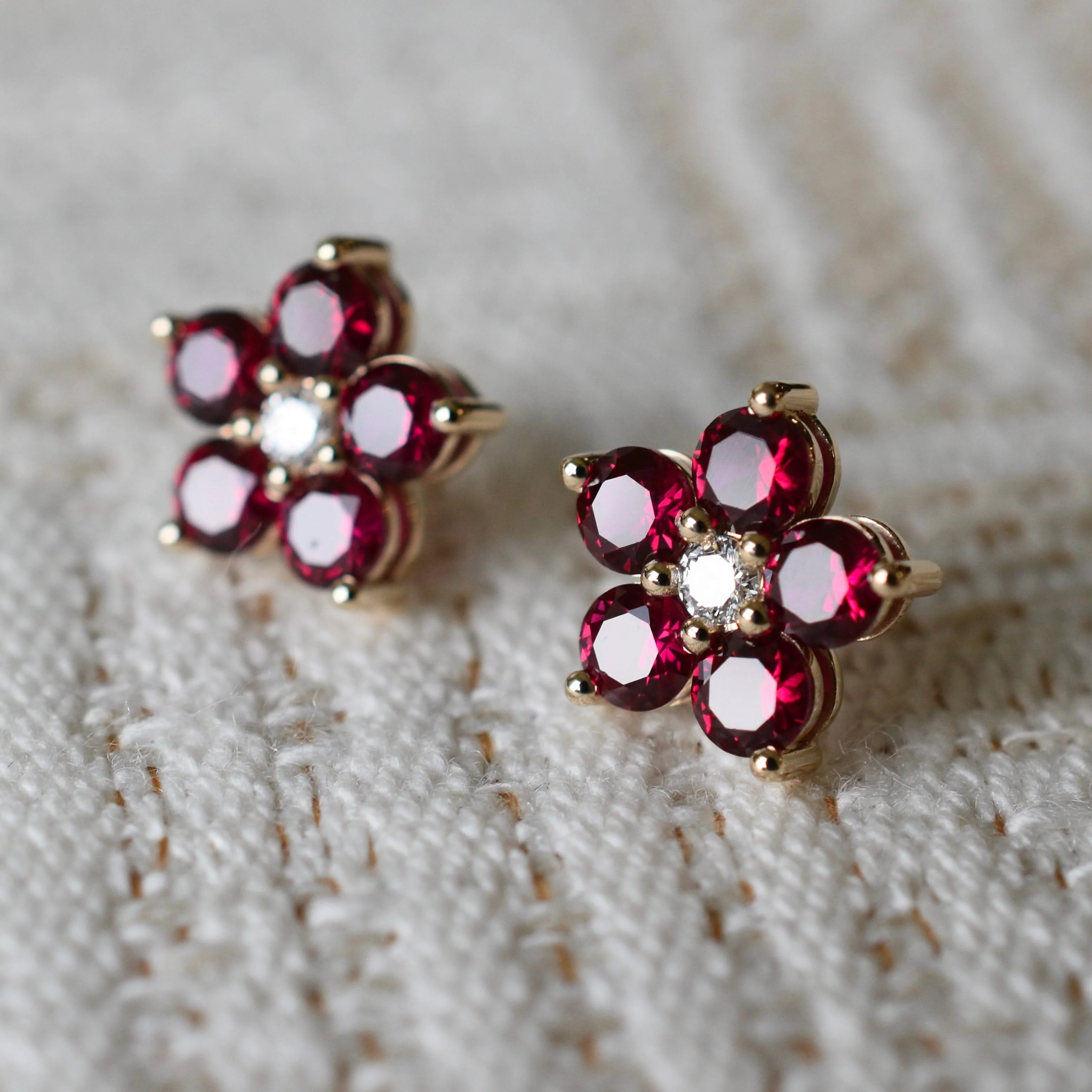 Greenwich Flower Ruby & Diamond Earrings in 14k Gold (July) - Image 8