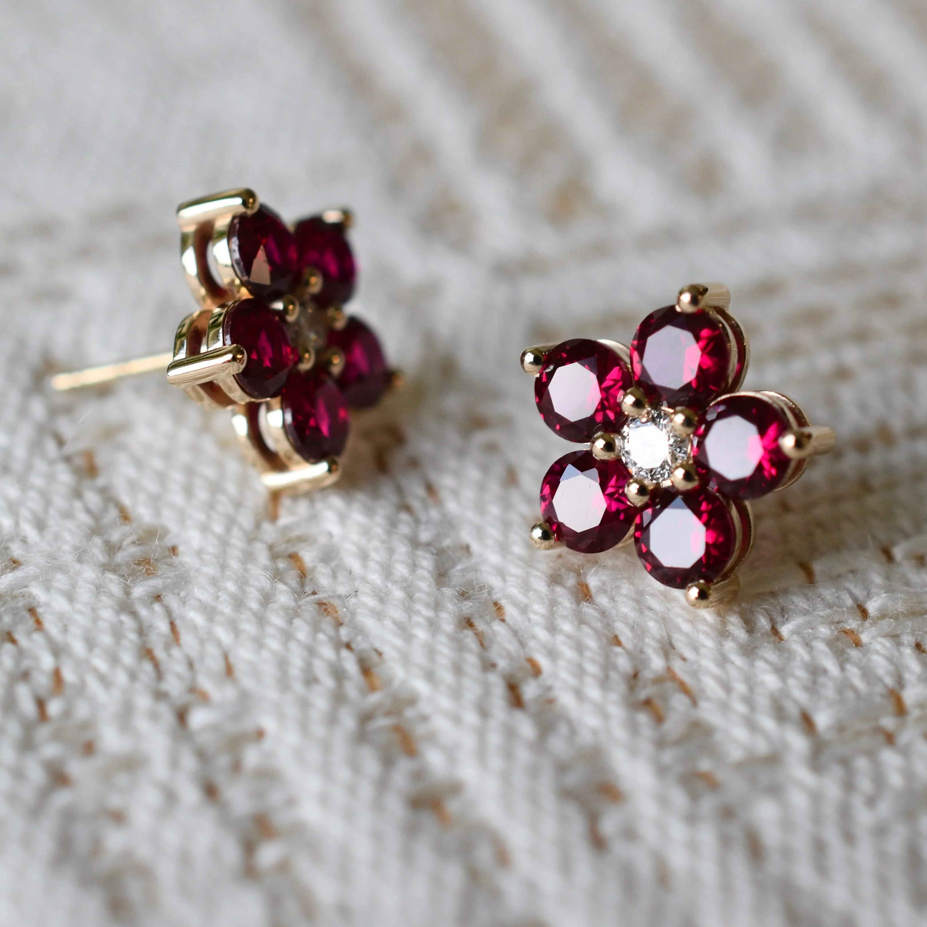 Greenwich Flower Ruby & Diamond Earrings in 14k Gold (July) - Image 9