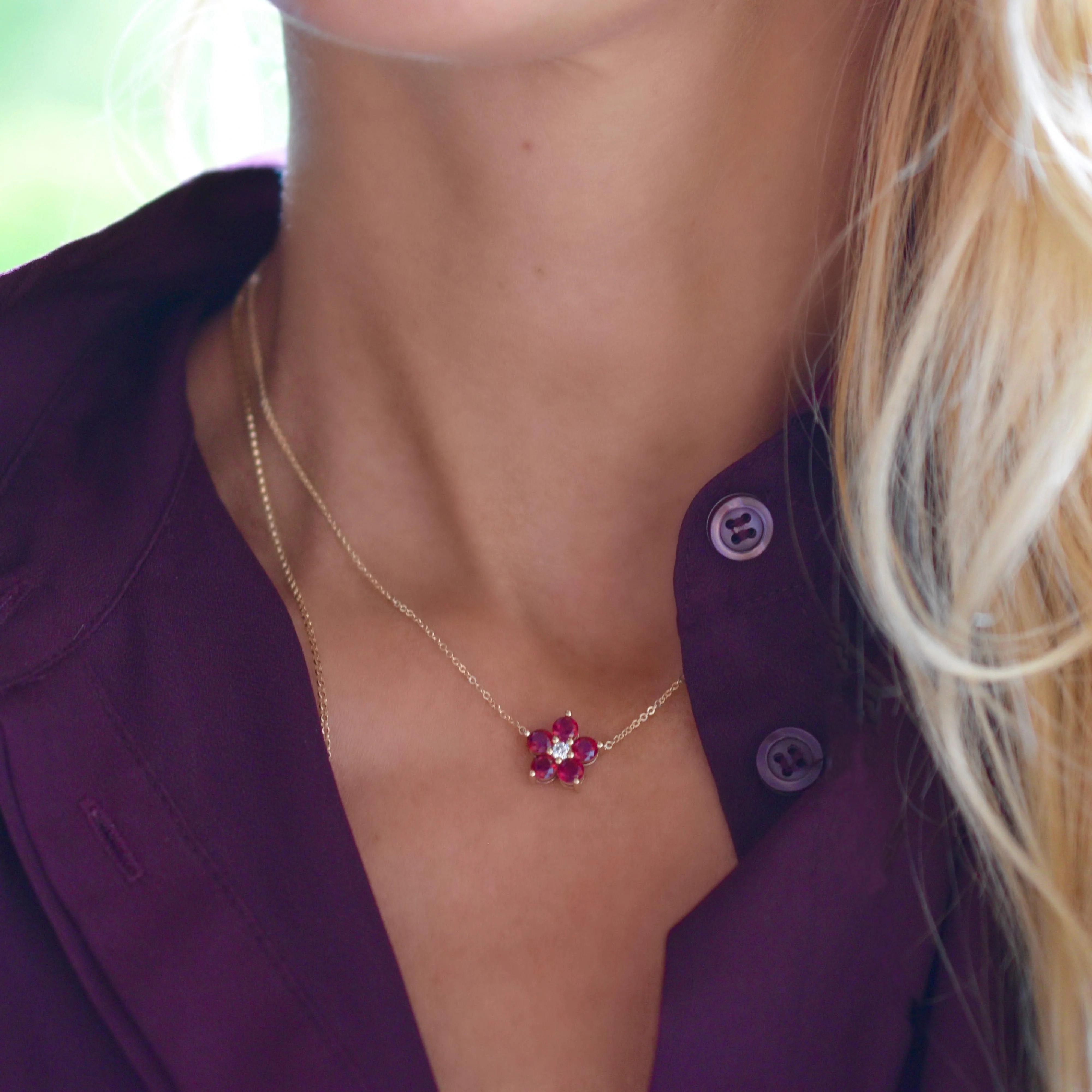 Greenwich Flower Ruby & Diamond Necklace in 14k Gold (July) - Image 11