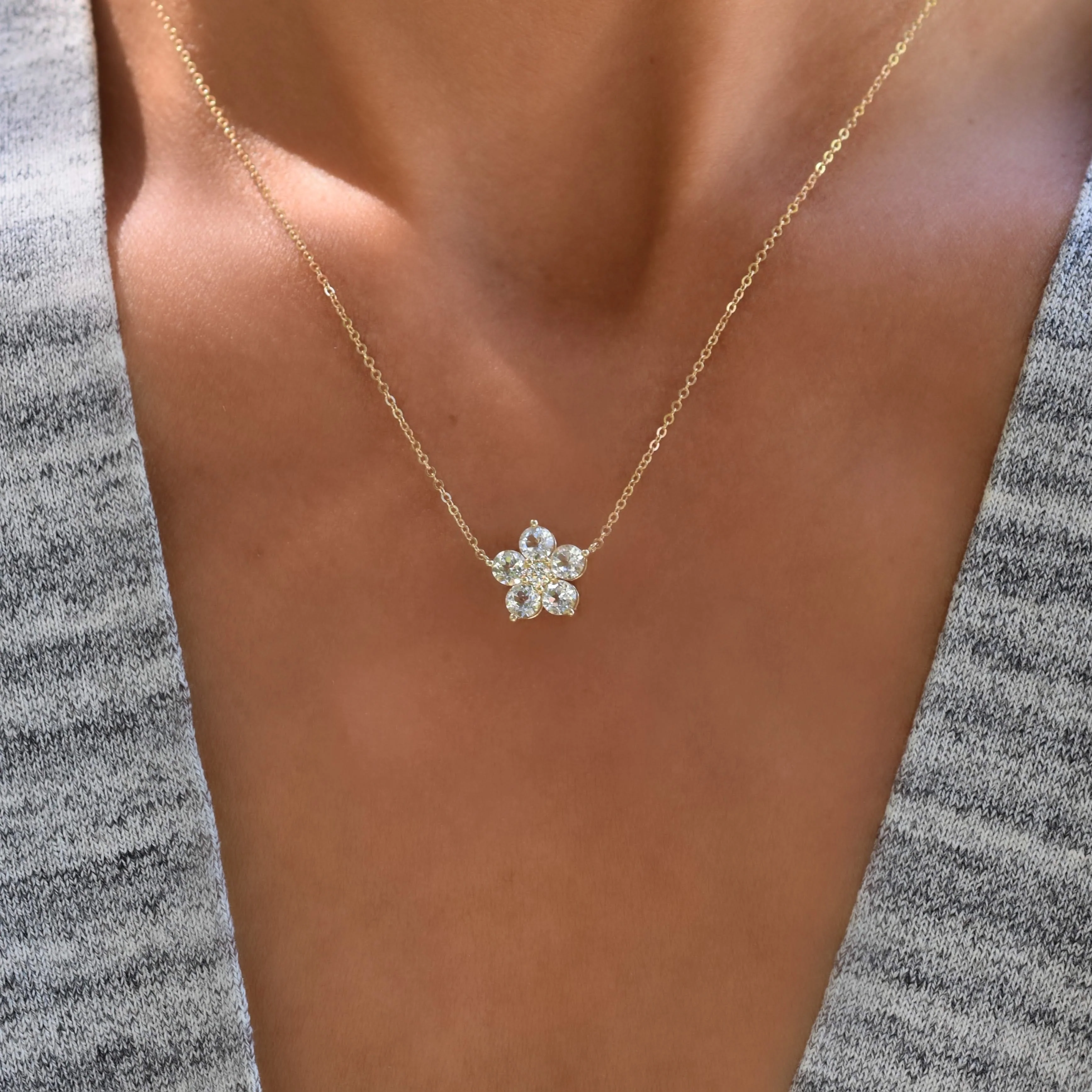 Greenwich Flower White Topaz & Diamond Necklace in 14k Gold (April) - Image 9