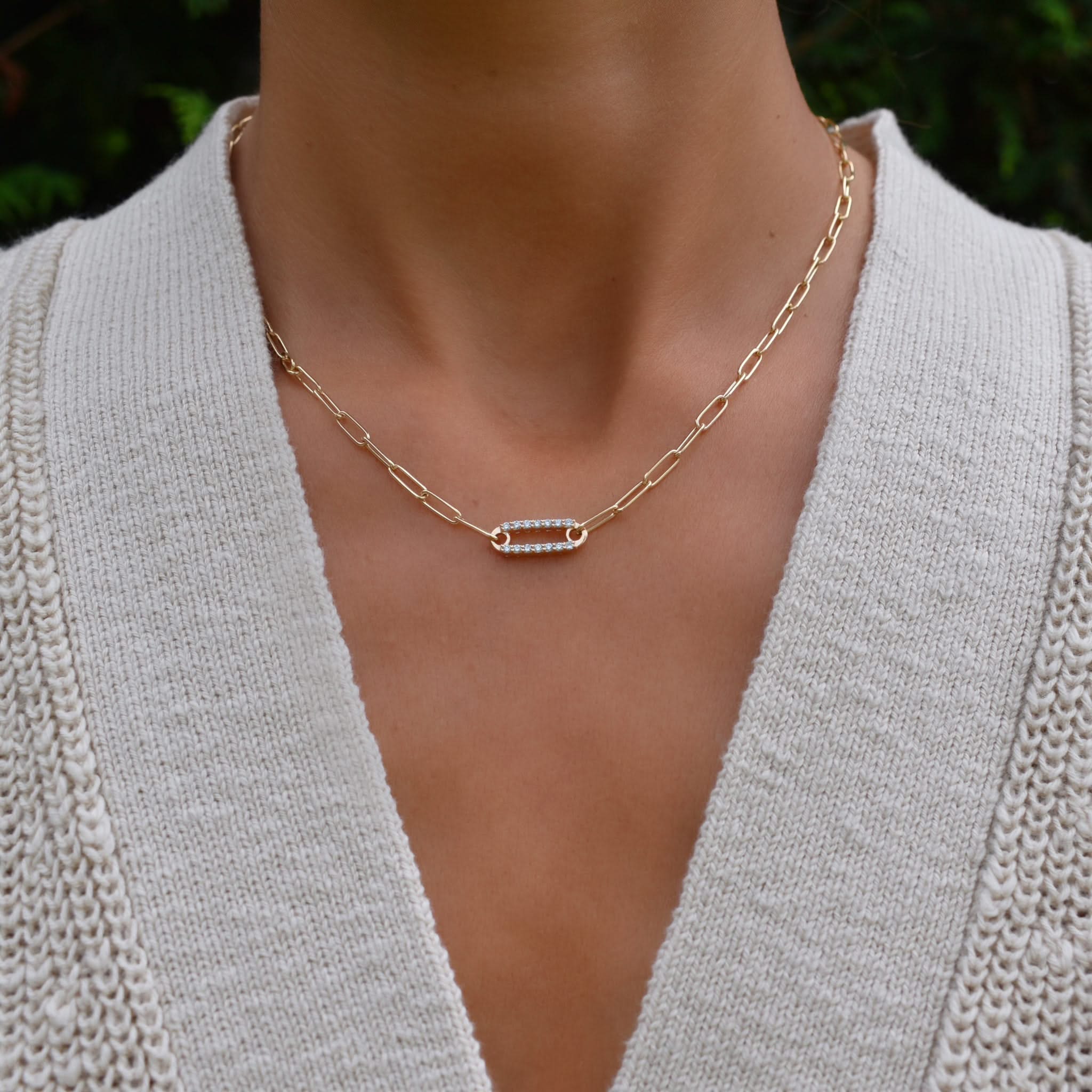 Adelaide 1 Pavé Aquamarine Link Necklace in 14k Gold (March) - Image 2