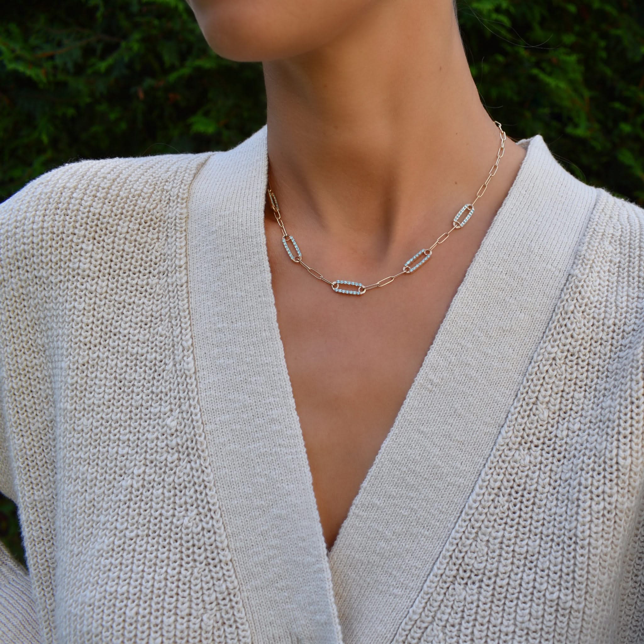 Adelaide 5 Pavé Nantucket Blue Topaz Link Necklace in 14k Gold (December) - Image 2
