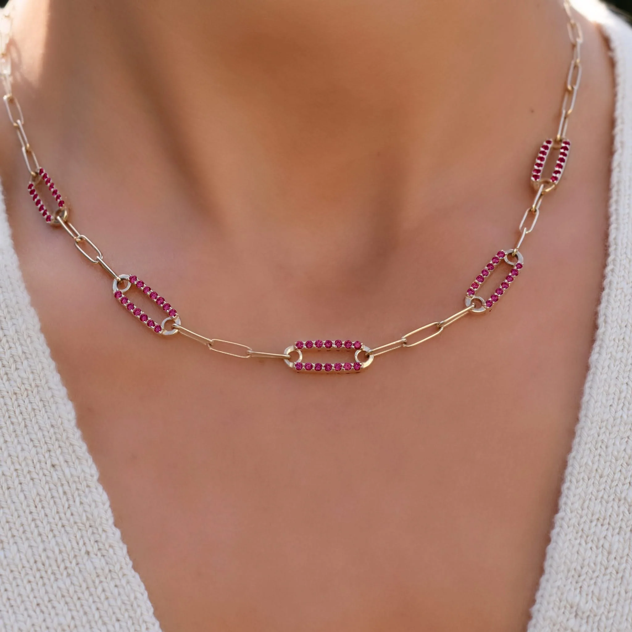 Adelaide 5 Pavé Ruby Link Necklace in 14k Gold (July) - Image 3