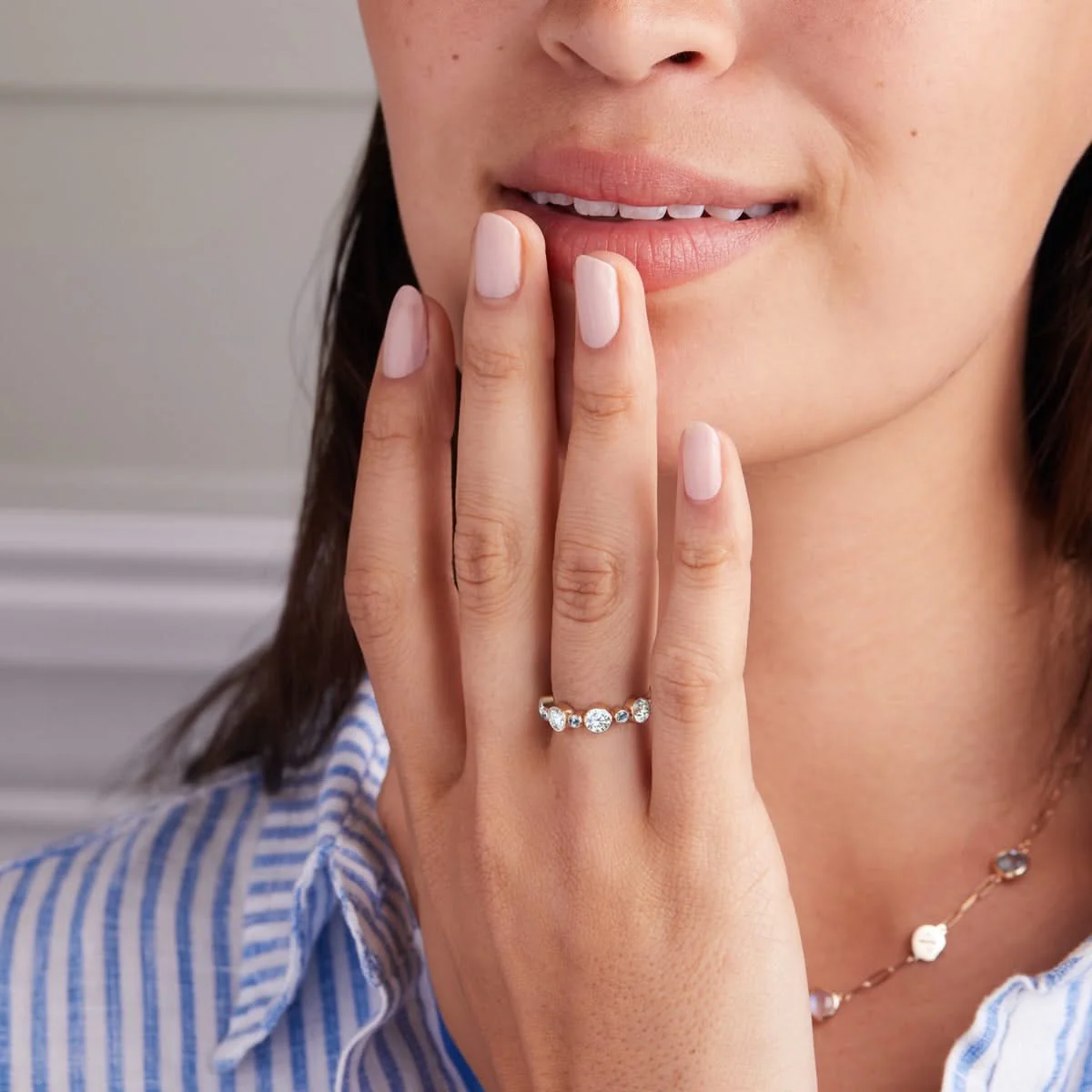 Barrington Diamond Band Ring with Aquamarines in 14k Gold (March) - Image 2