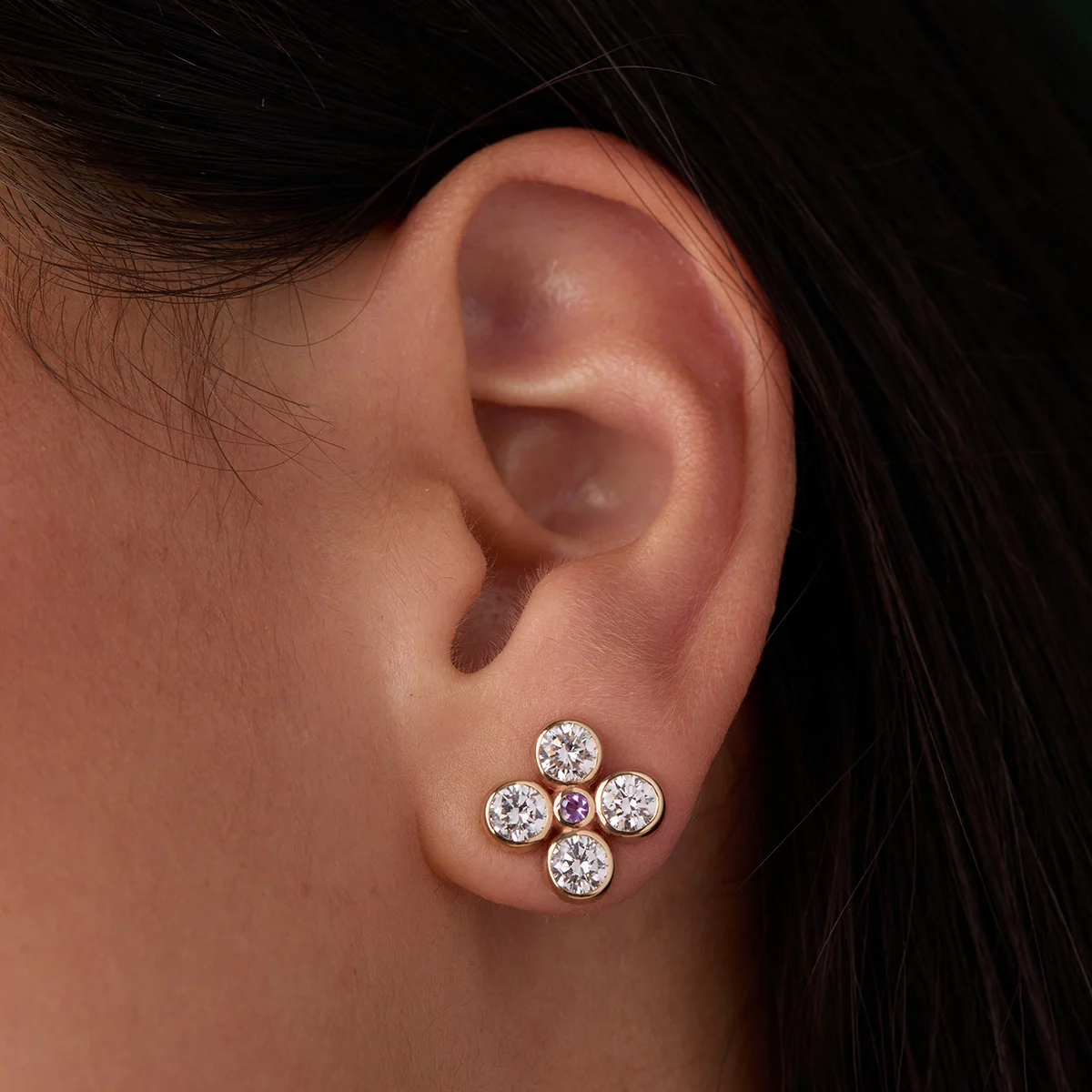 Barrington Quatrefoil Diamond & Pink Sapphire Earrings in 14k Gold (October) - Image 3