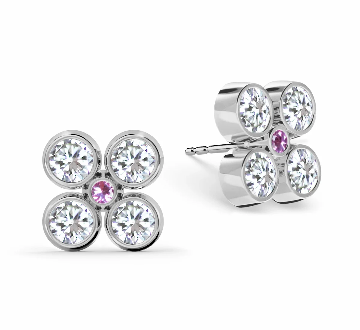 Barrington Quatrefoil Diamond & Pink Sapphire Earrings in 14k Gold (October) - Image 5