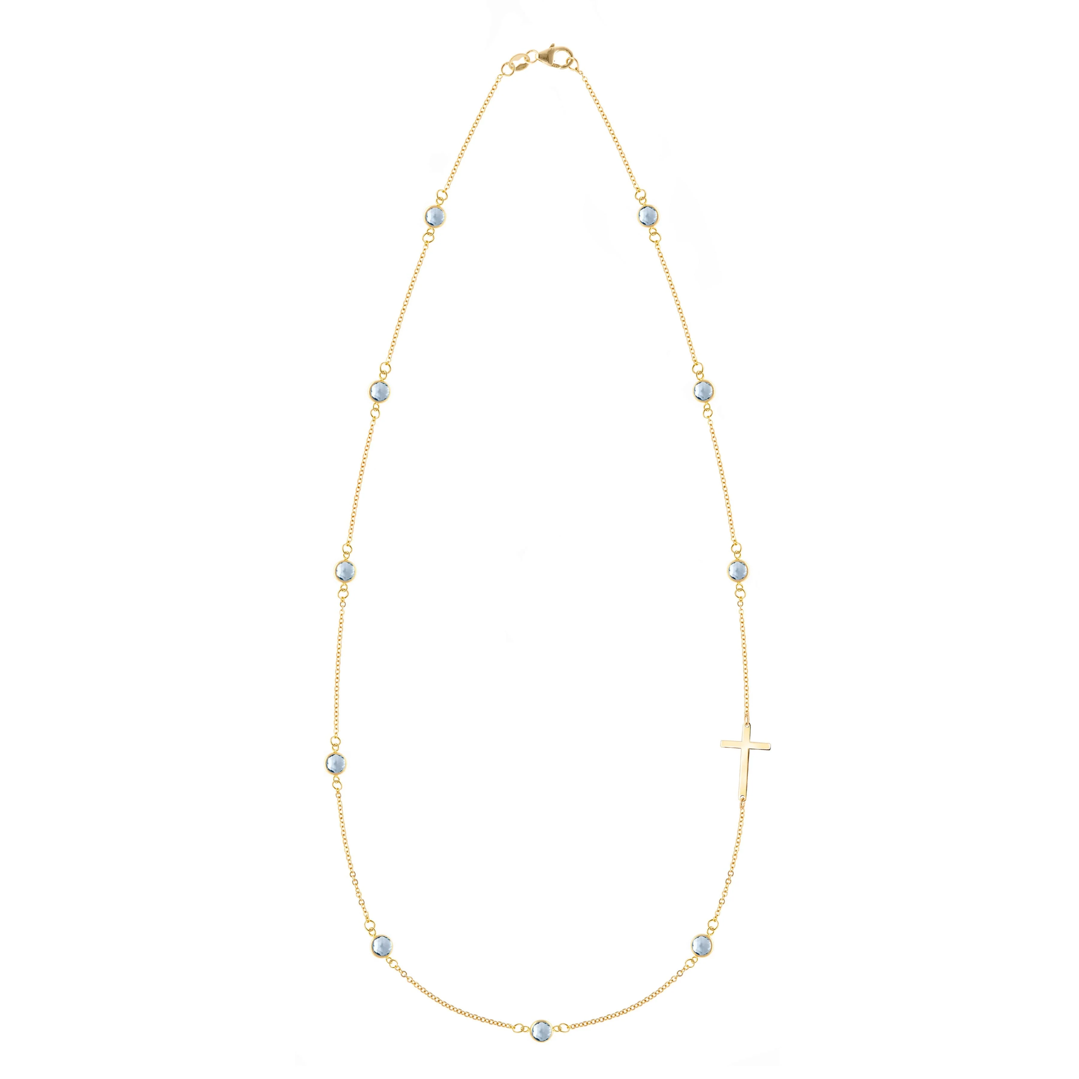 Bayberry Aquamarine Birthstone Cross Necklace in 14k Gold (March)