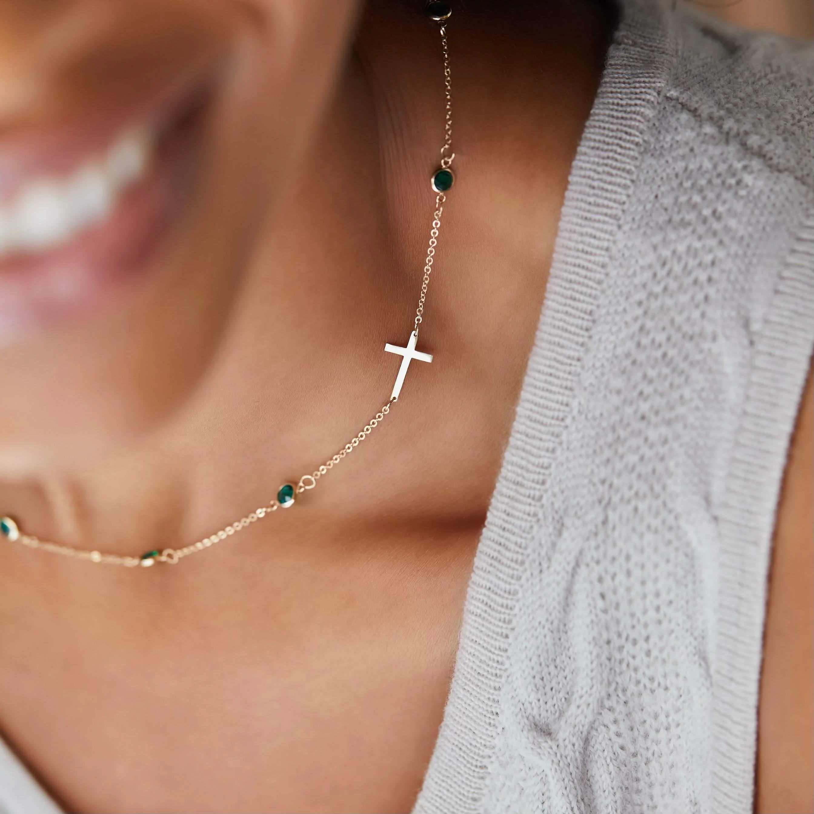 Bayberry Emerald Birthstone Cross Necklace in 14k Gold (May) - Image 3