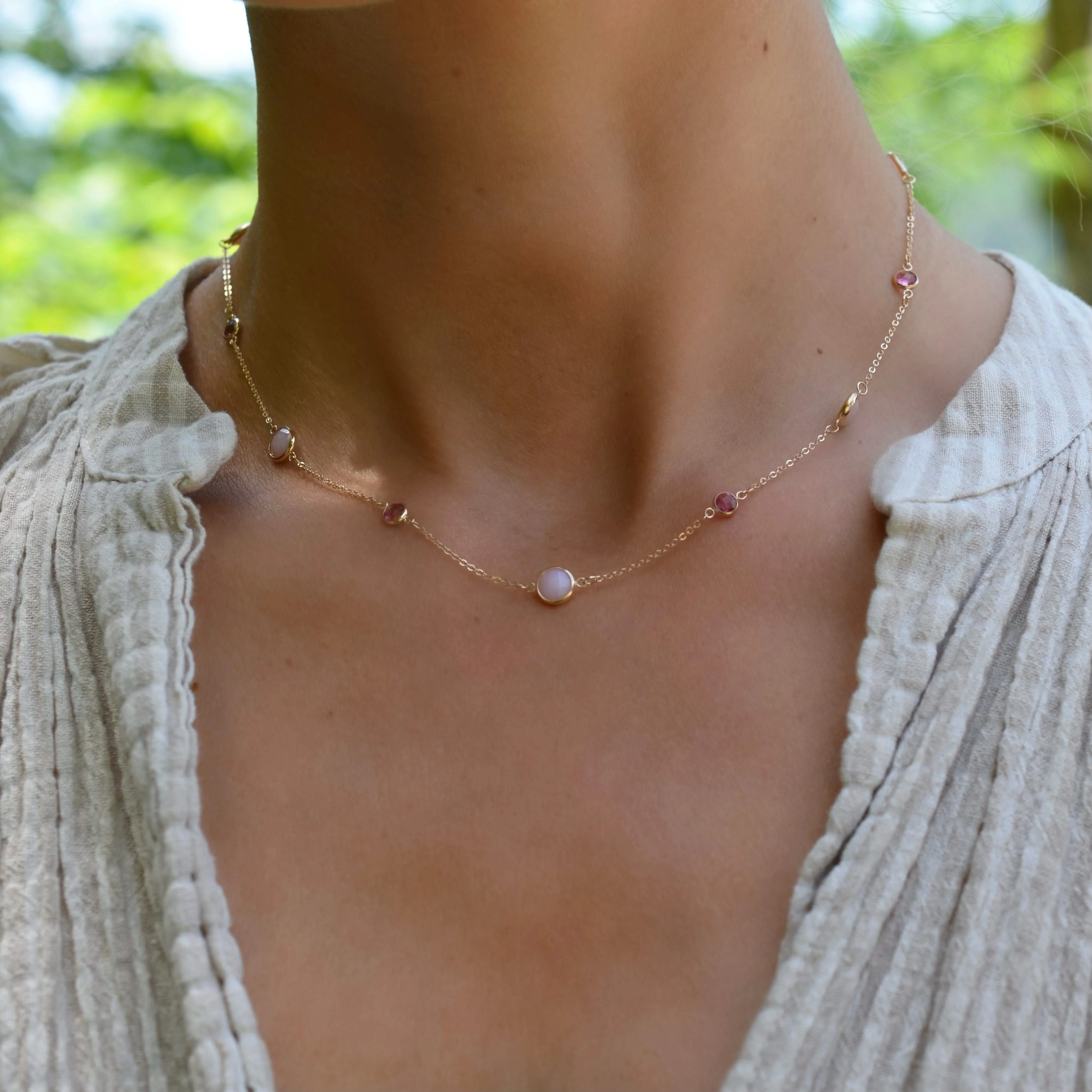 Bayberry Grand & Petite 11 Pink Opal & Pink Sapphire Necklace in 14k Gold (October) - Image 2
