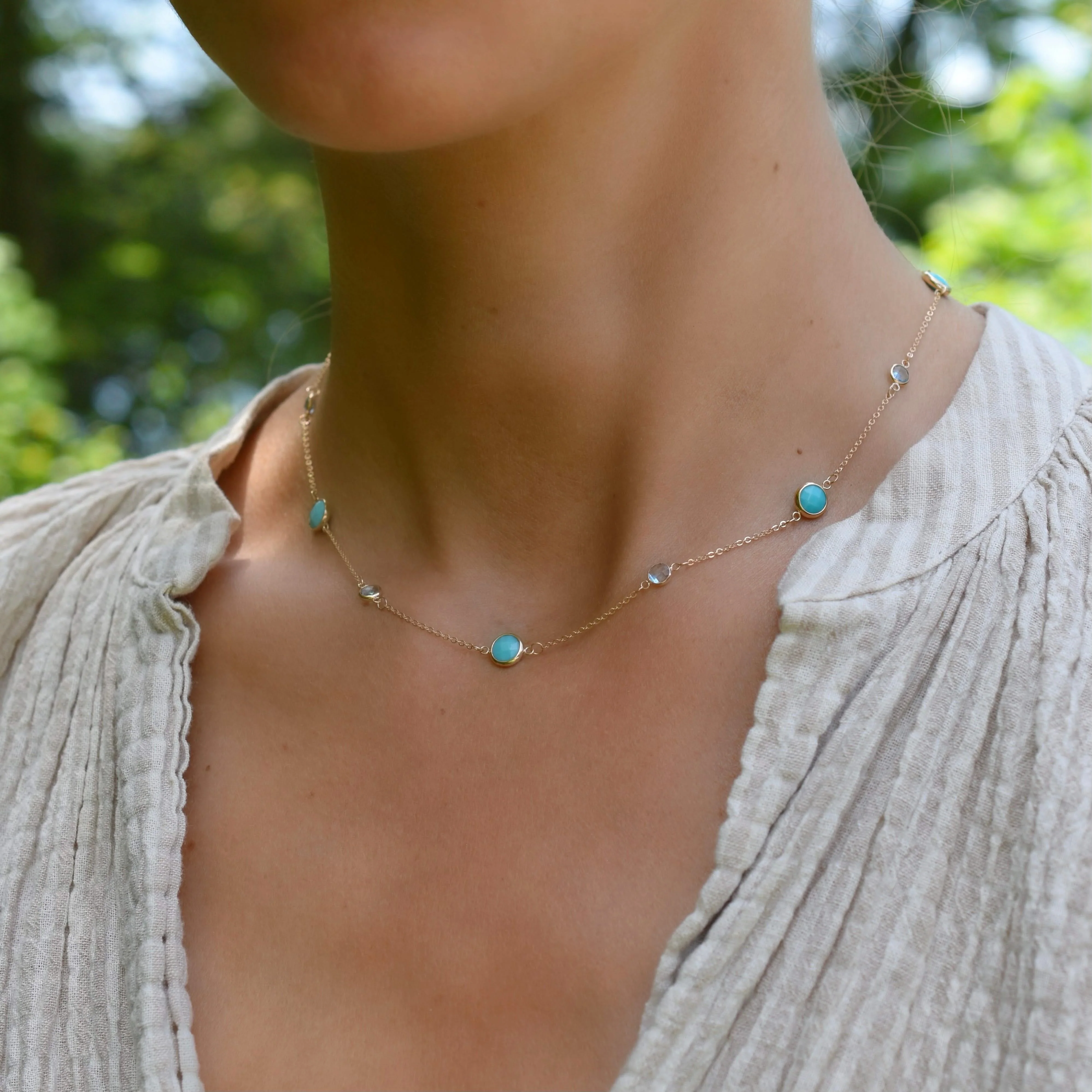 Bayberry Grand & Petite 11 Turquoise & Nantucket Blue Topaz Necklace in 14k Gold (December) - Image 2