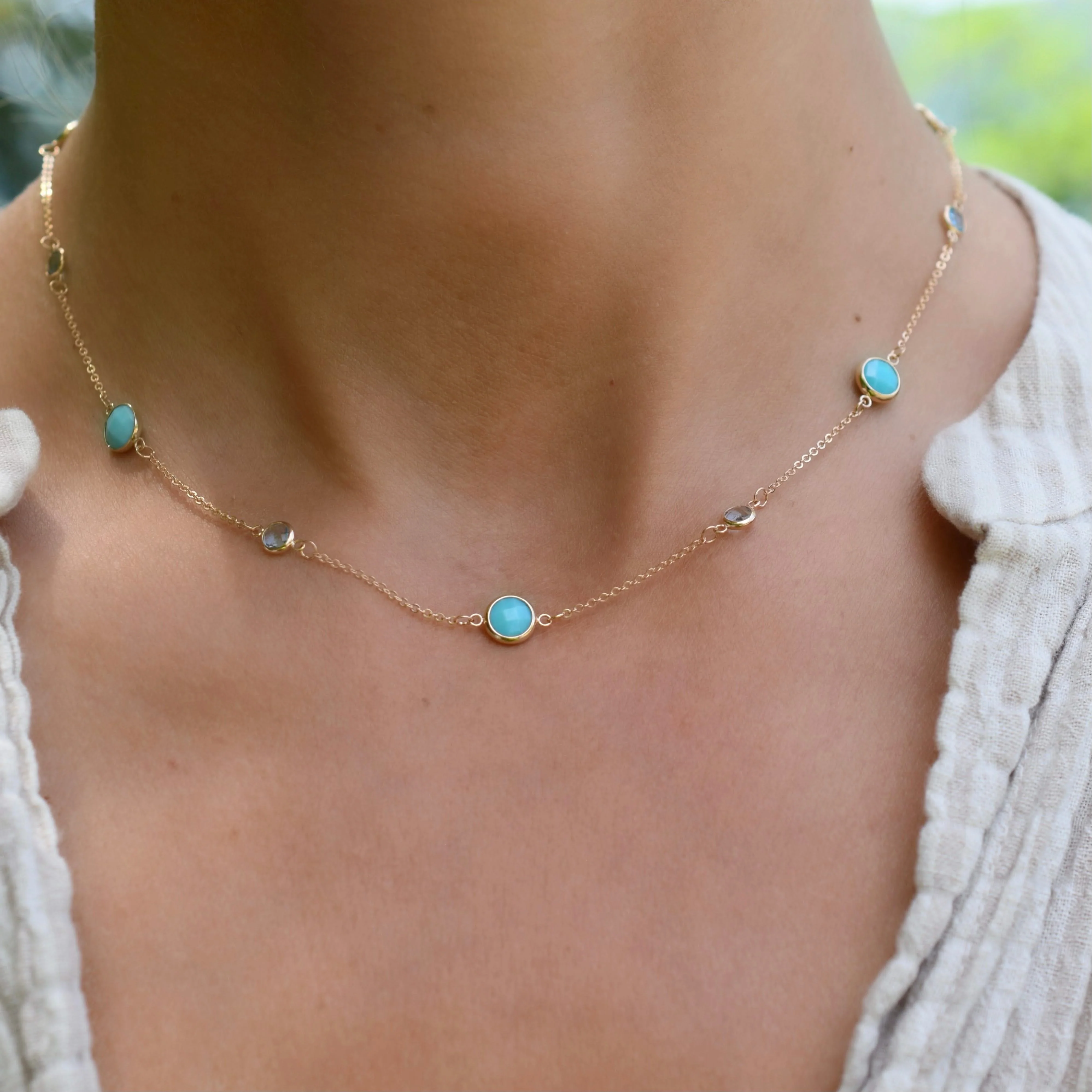 Bayberry Grand & Petite 11 Turquoise & Nantucket Blue Topaz Necklace in 14k Gold (December) - Image 3