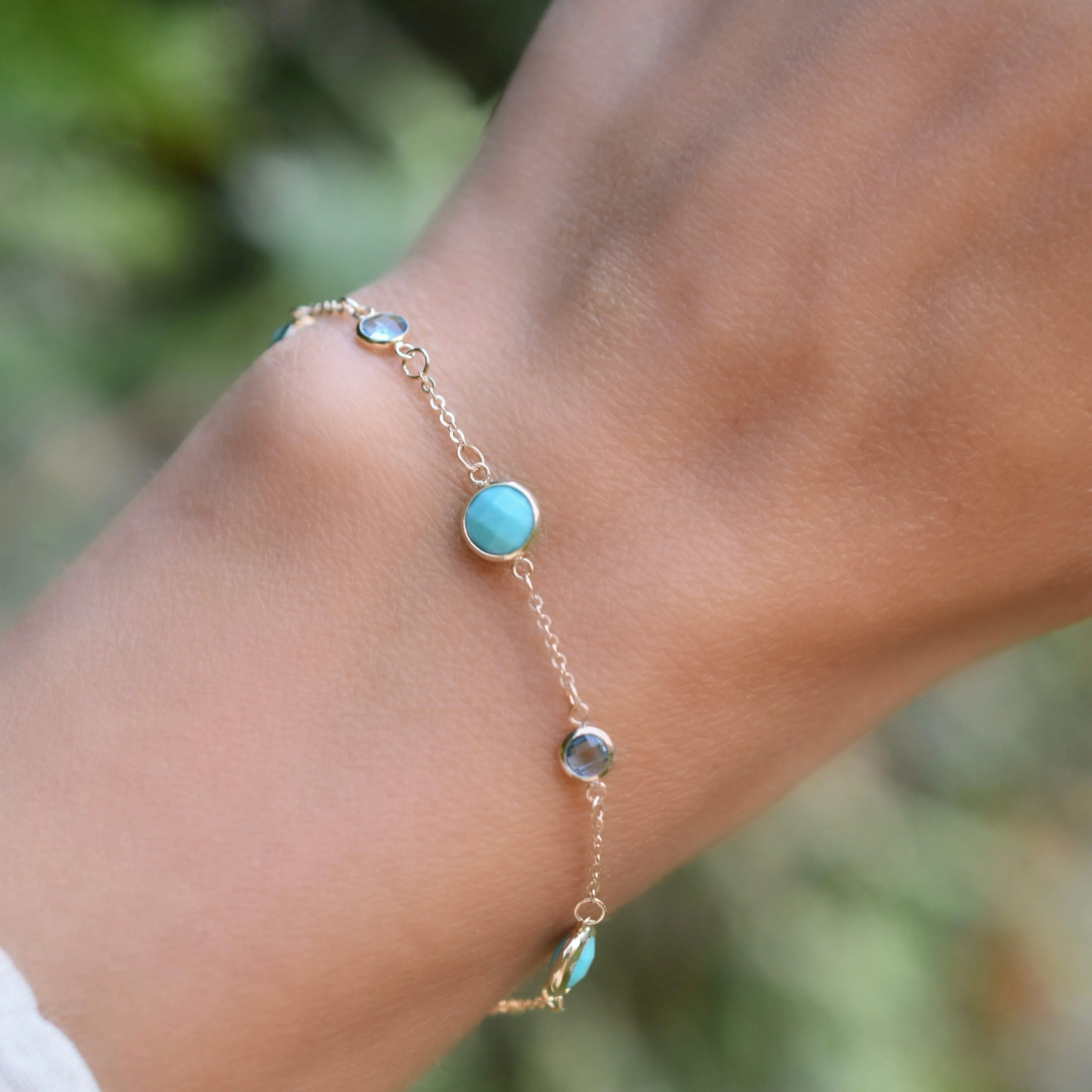 Bayberry Grand & Petite 7 Turquoise & Nantucket Blue Topaz Bracelet in 14k Gold (December) - Image 3
