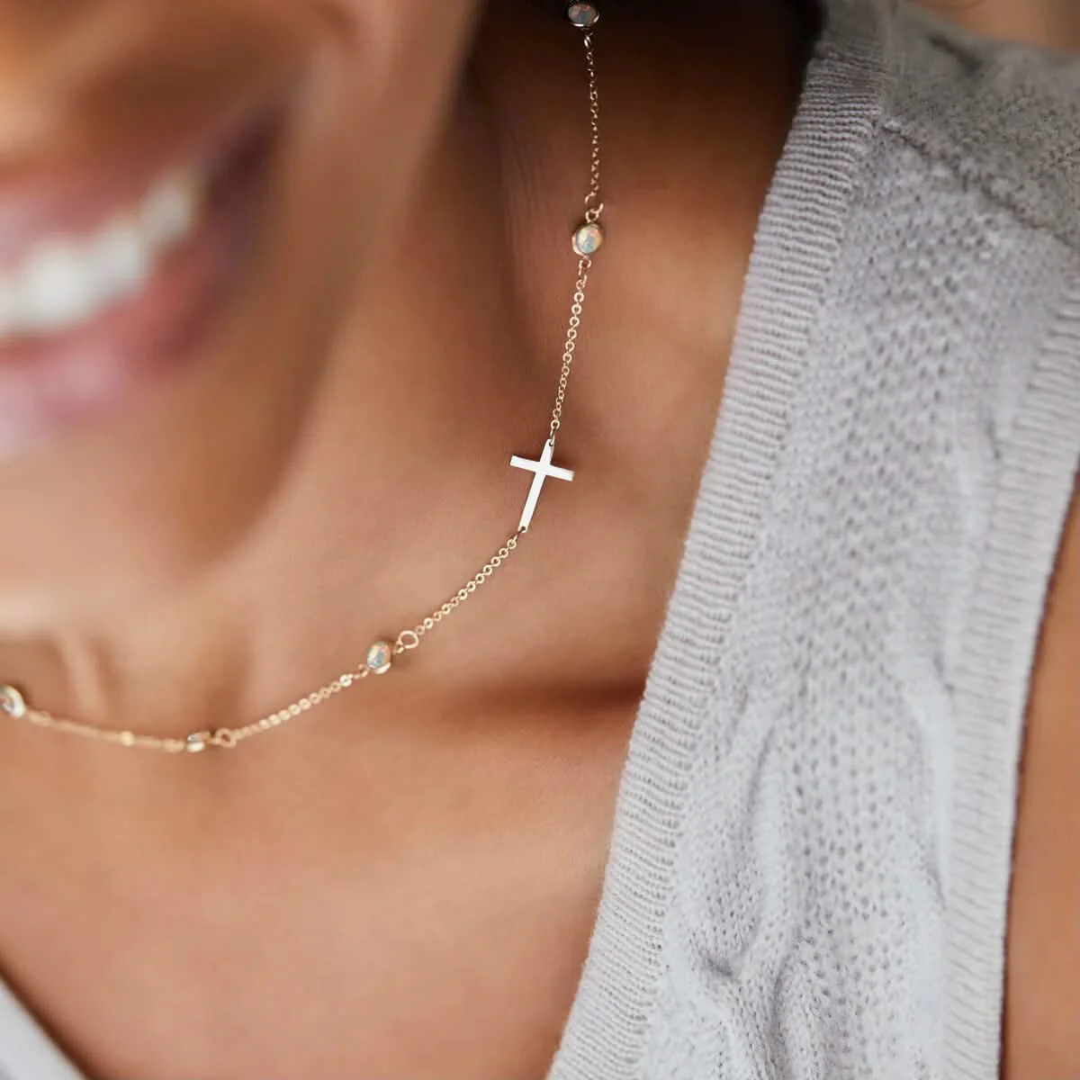 Bayberry Opal Birthstone Cross Necklace in 14k Gold (October) - Image 3