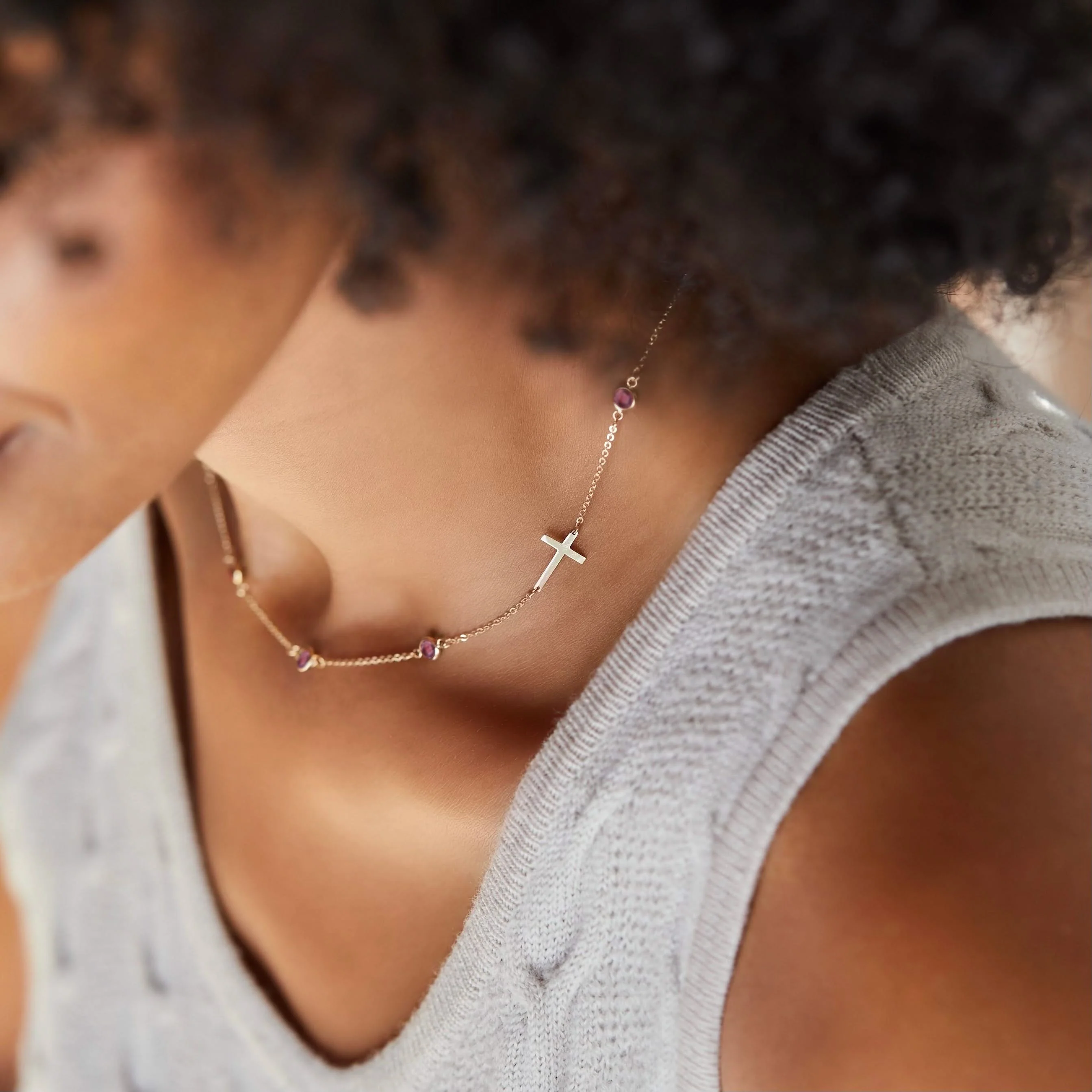 Bayberry Pink Sapphire Birthstone Cross Necklace in 14k Gold (October) - Image 2