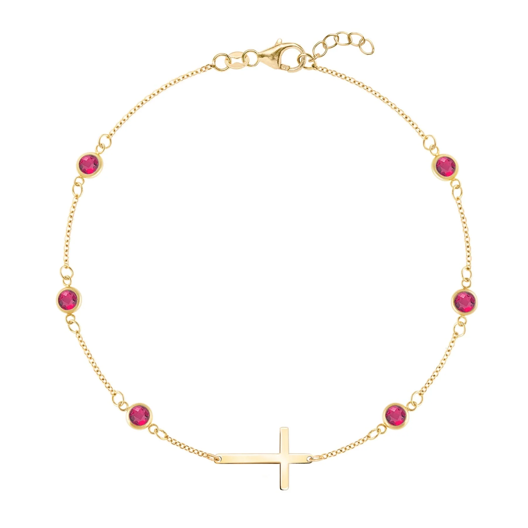 Bayberry Ruby Birthstone Cross Bracelet in 14k Gold (July)