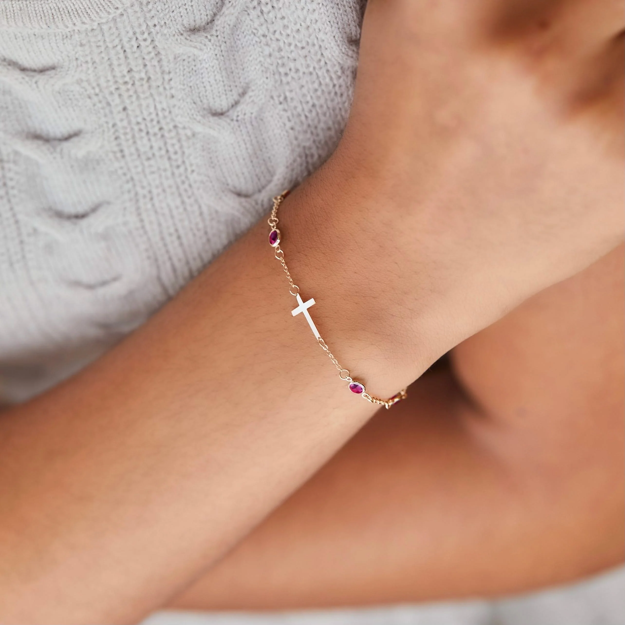 Bayberry Ruby Birthstone Cross Bracelet in 14k Gold (July) - Image 3