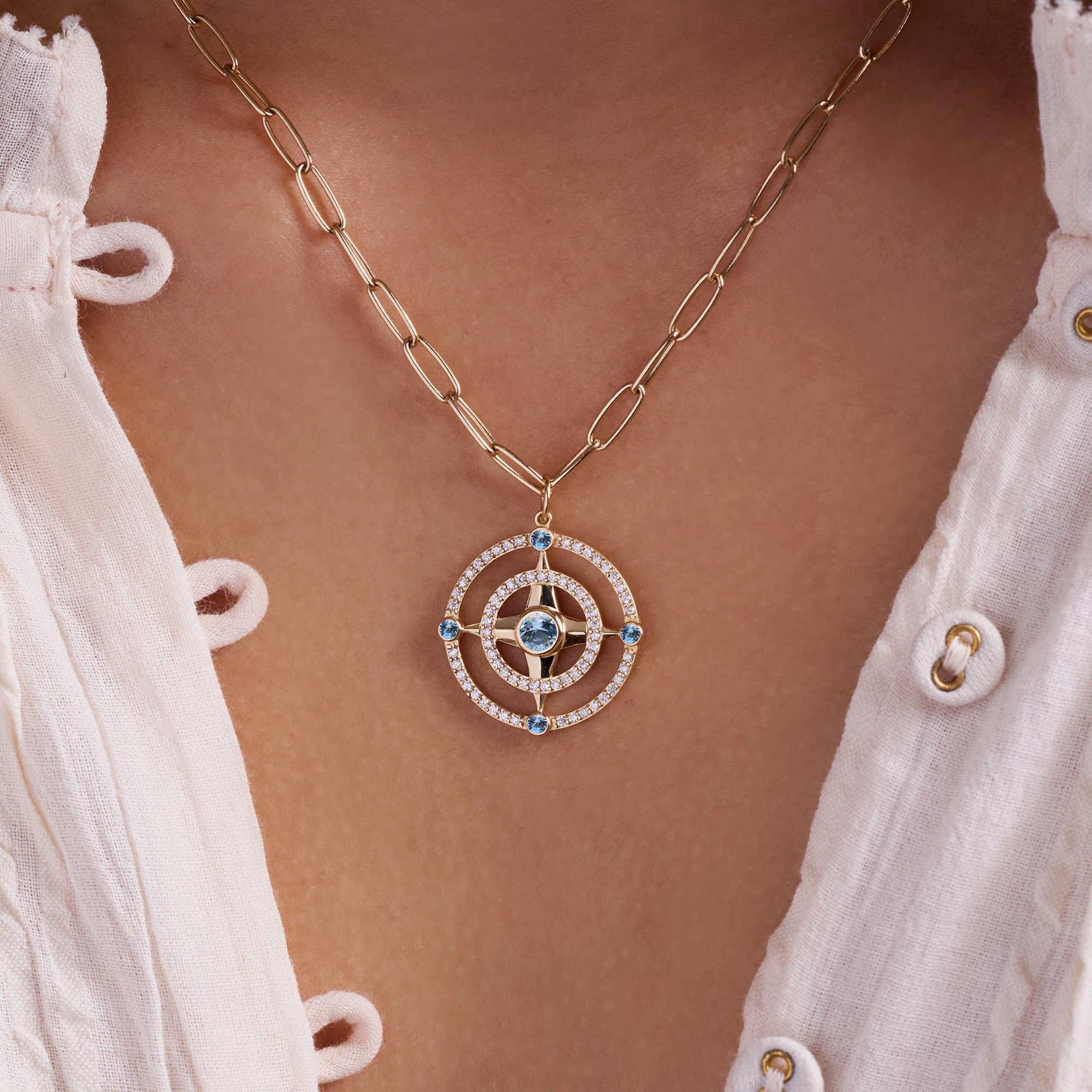 Compass Aquamarine & Diamond Pendant in 14k Gold (March) - Image 3