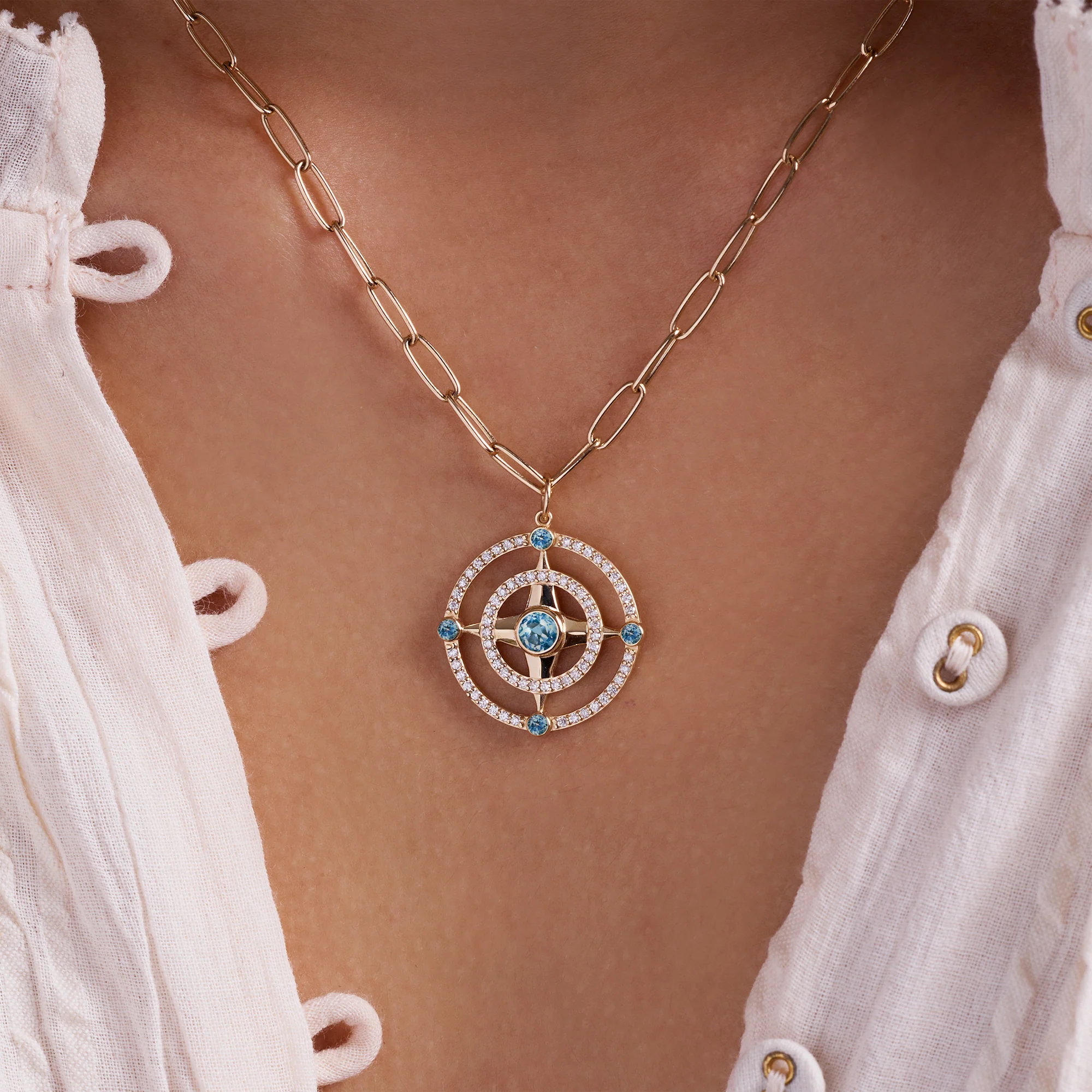 Compass Nantucket Blue Topaz & Diamond Pendant in 14k Gold (December) - Image 3