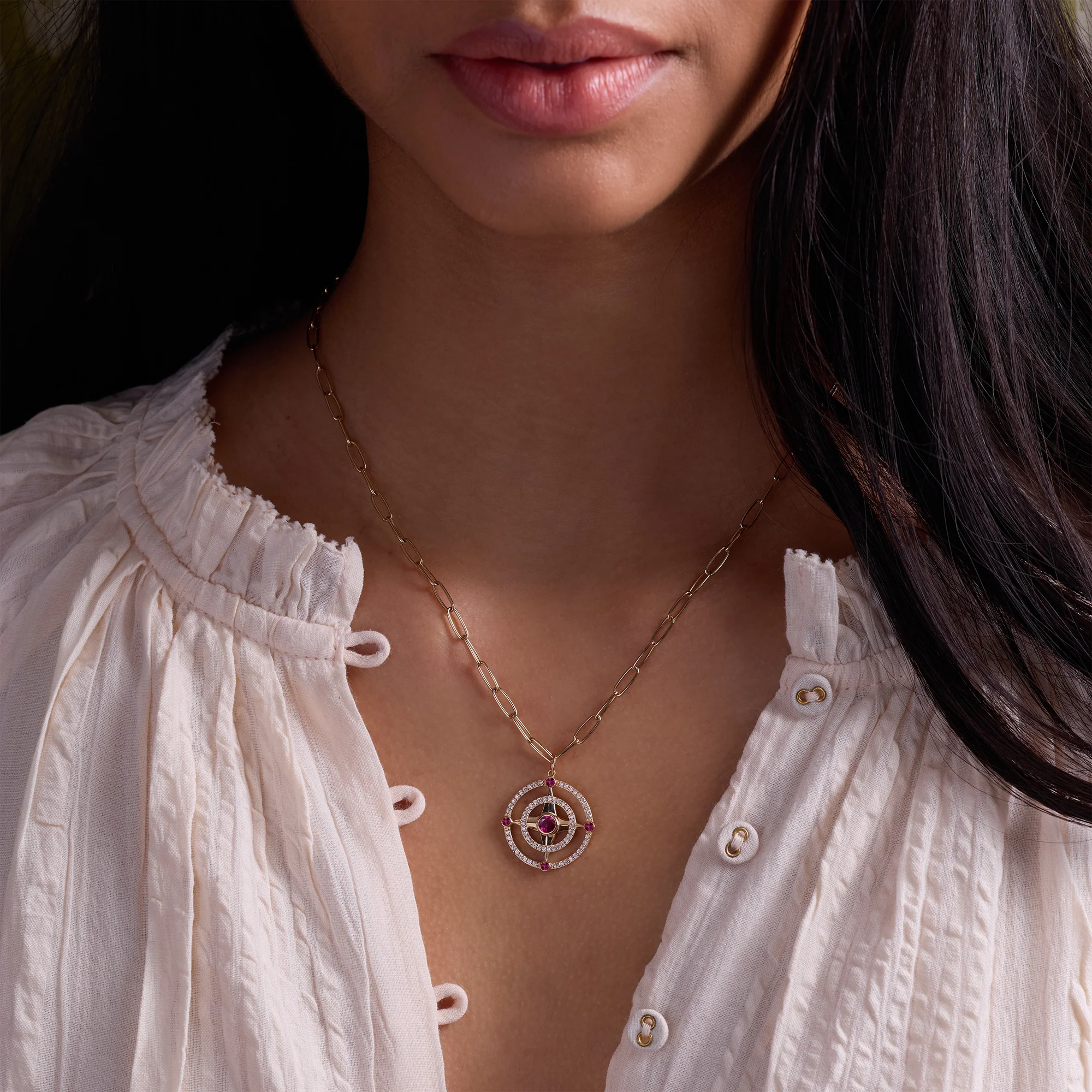 Compass Ruby & Diamond Pendant in 14k Gold (July) - Image 2