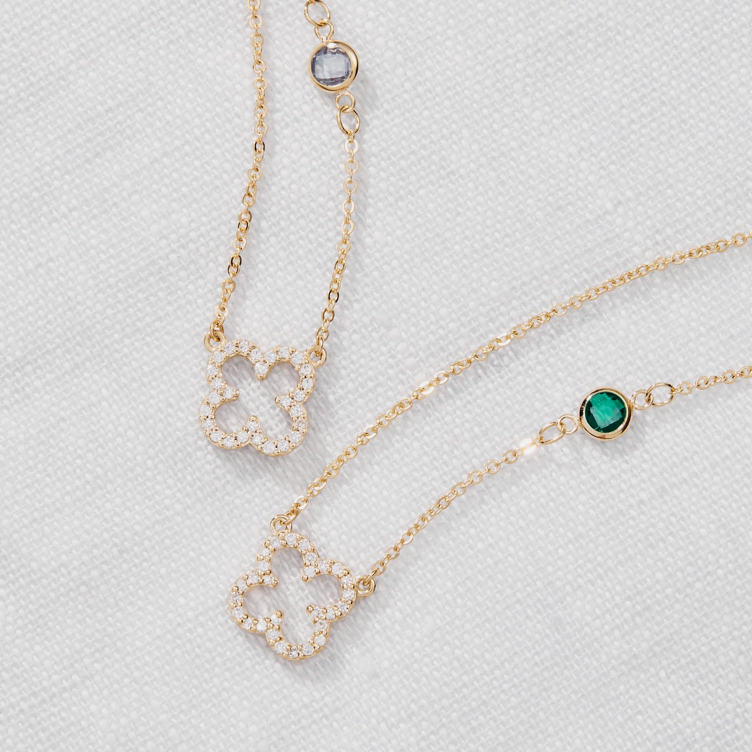 Diamond Clover & Emerald Necklace in 14k Gold (May) - Image 8