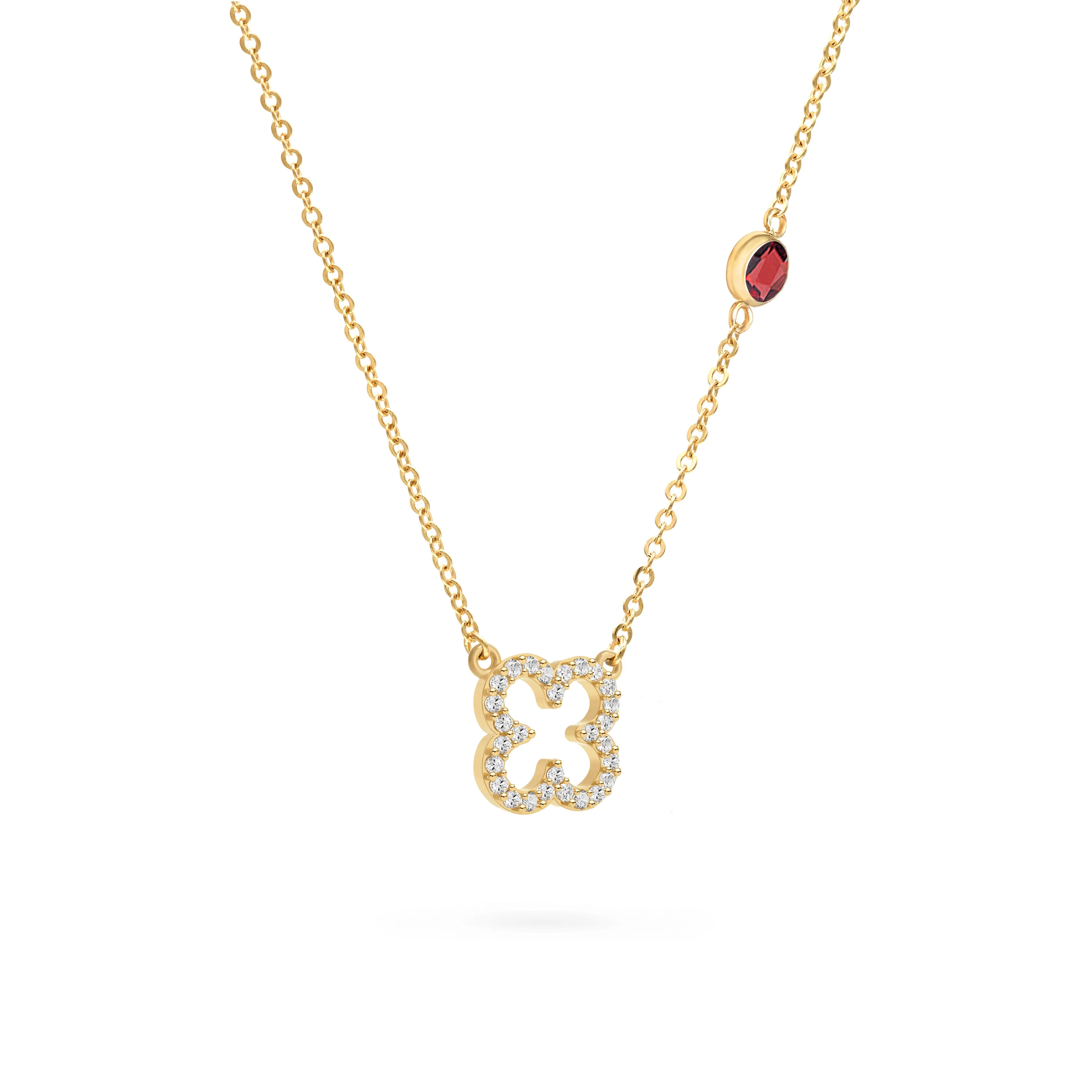 Diamond Clover & Garnet Necklace in 14k Gold (January) - Image 4