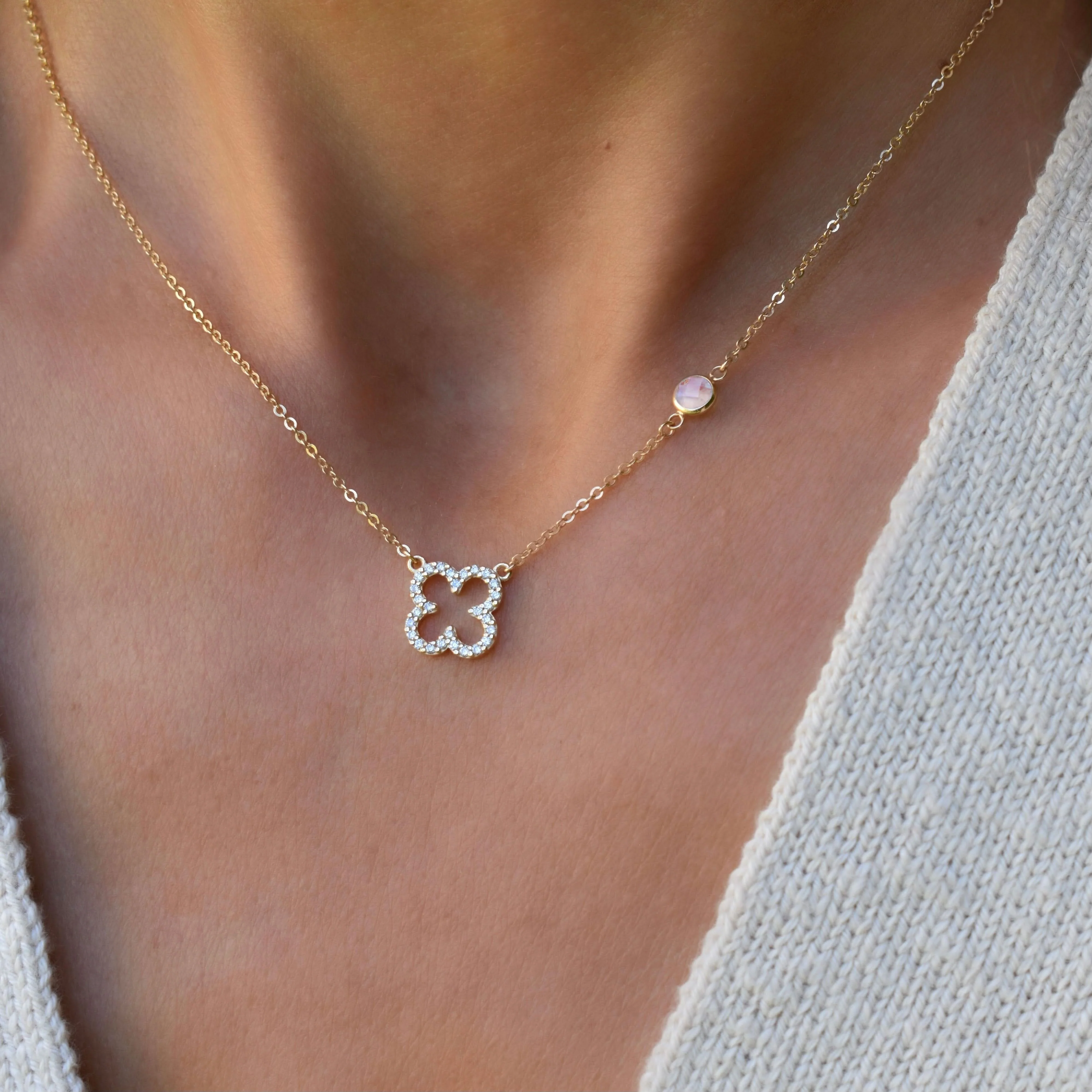 Diamond Clover & Moonstone Necklace in 14k Gold (June) - Image 3